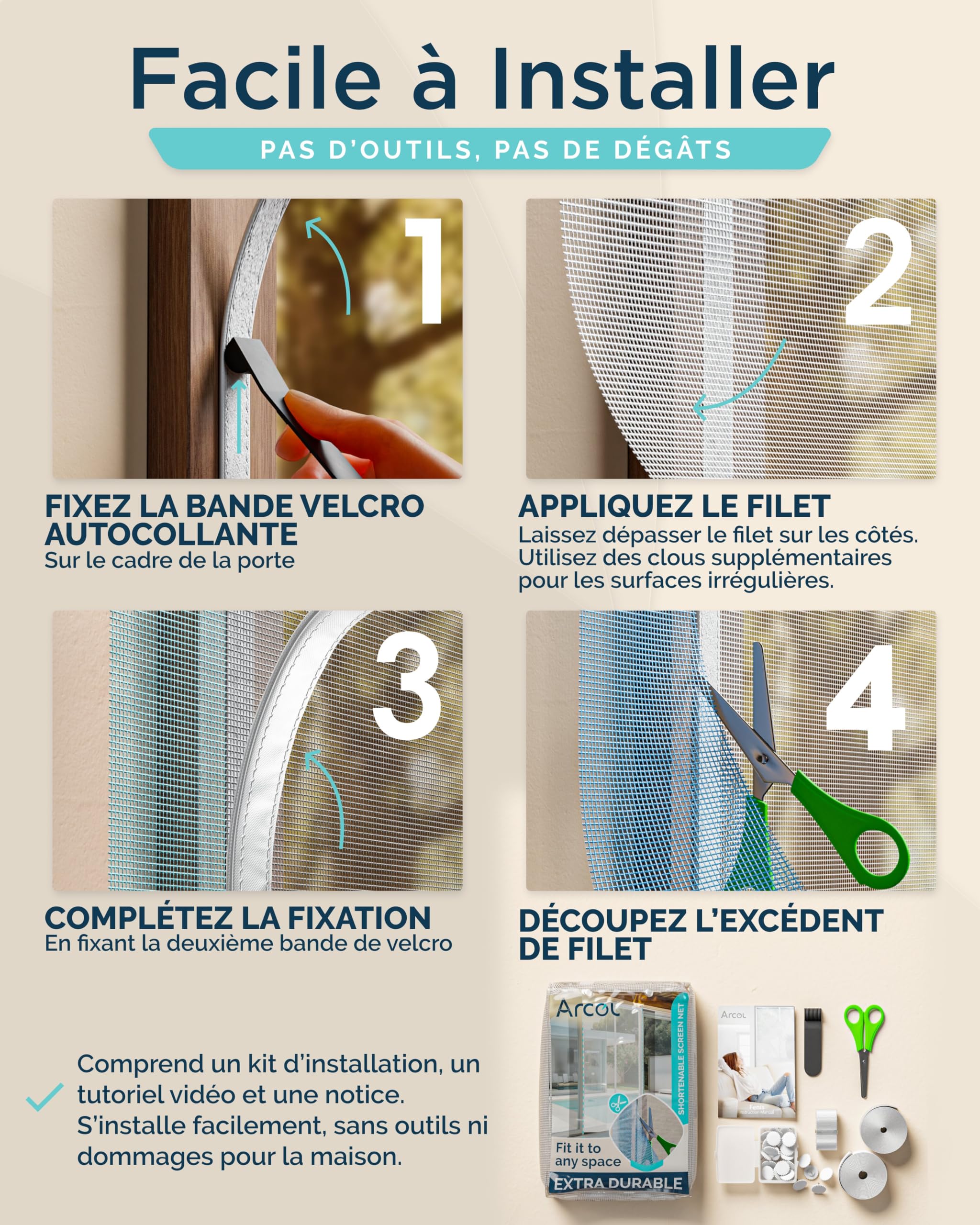 ARCOL Moustiquaire Magnétique pour Portes 155x220 cm Réglable en Largeur – Rideau Moustiquaire Porte Fenêtre avec Bandes Velcro, Moustiquaire Magnétique Porte Fenêtre Raccourcissable (Blanc)