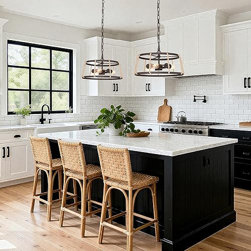 Miniatura 3 de LALUZ Lámpara colgante de jaula rústica de 3 luces, metal óxido y cuerda colgante para comedor, isla de cocina, vestíbulo