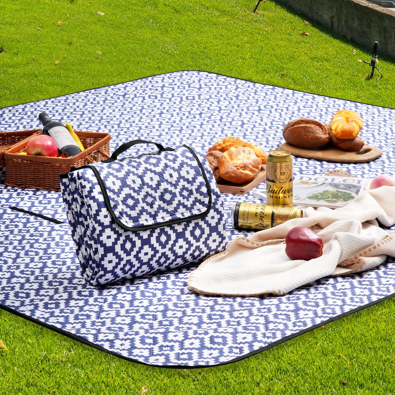Oak & Tea Wodoodporny koc piknikowy z 4 klamrami narożnymi, dywan piknikowy mata plażowa na kemping, plażę i kemping 150 x 200 cm niebiesko-biały