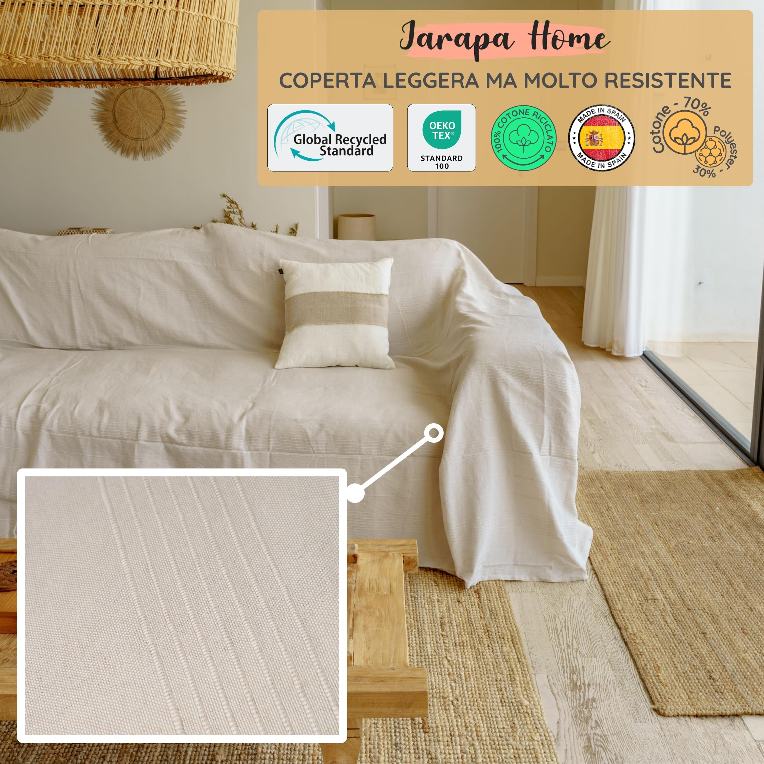 Jarapa Home Made with love Copriletto estivo e copriletto multiuso per divani, copriletti bianchi. Plaid multiuso, copridivano, tessuto resistente e di qualità, prodotto in Spagna (Beige, 230x280 cm)