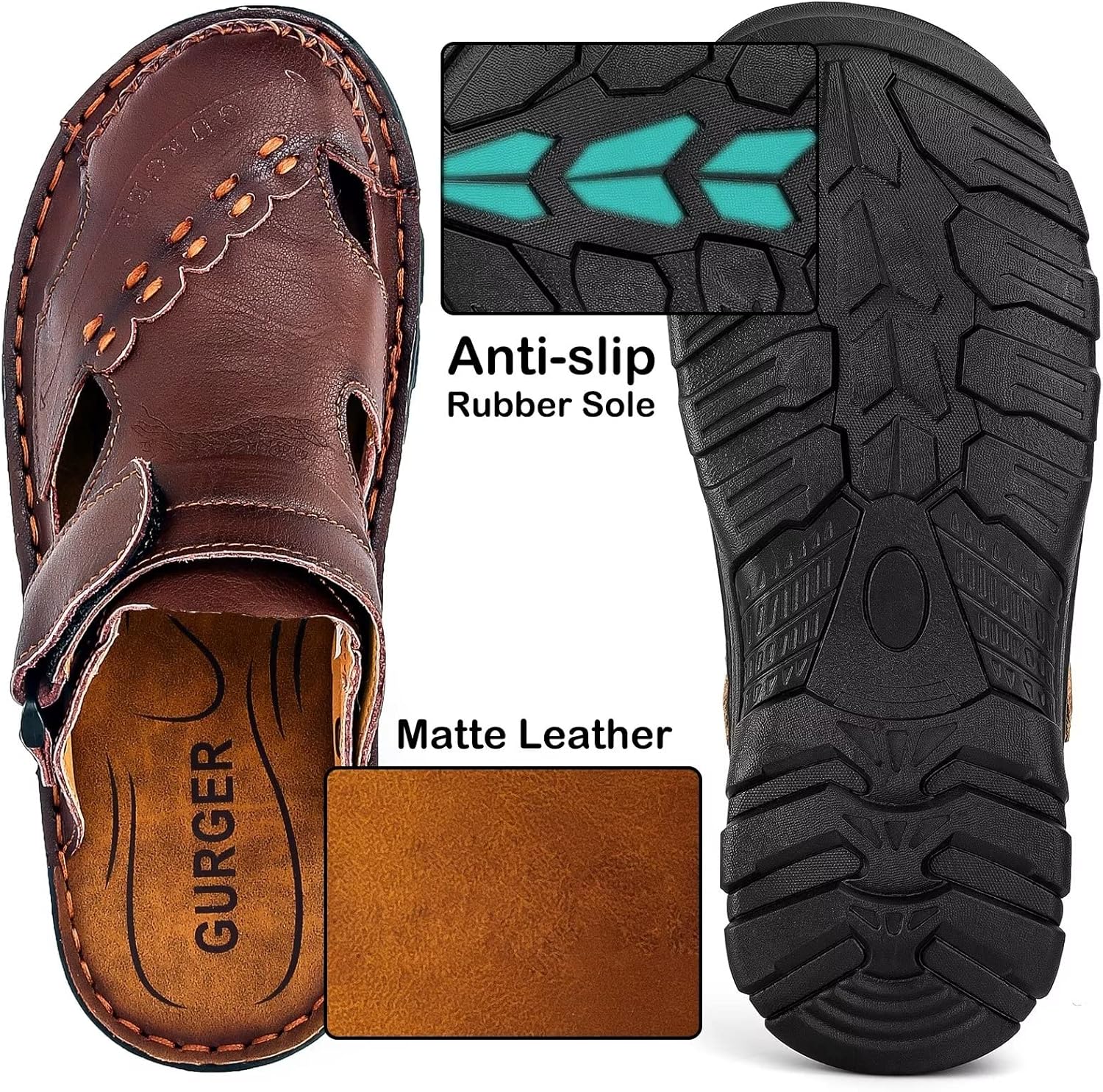 JEBUKTXE Mens Leather Sandals Waterproof Summer Soft Mules 9.5 Dark Brown