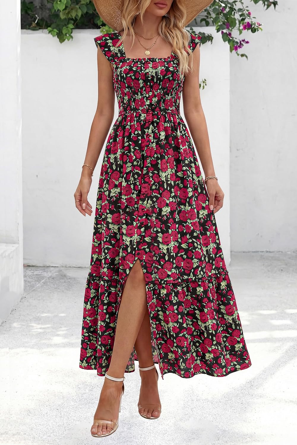 dowerme Womens Summer Maxi Dresses 2026 Casual Ruffle Sleeve Button Smocked Floral Slit Boho Dress Spring Beach Sundress - Image 2