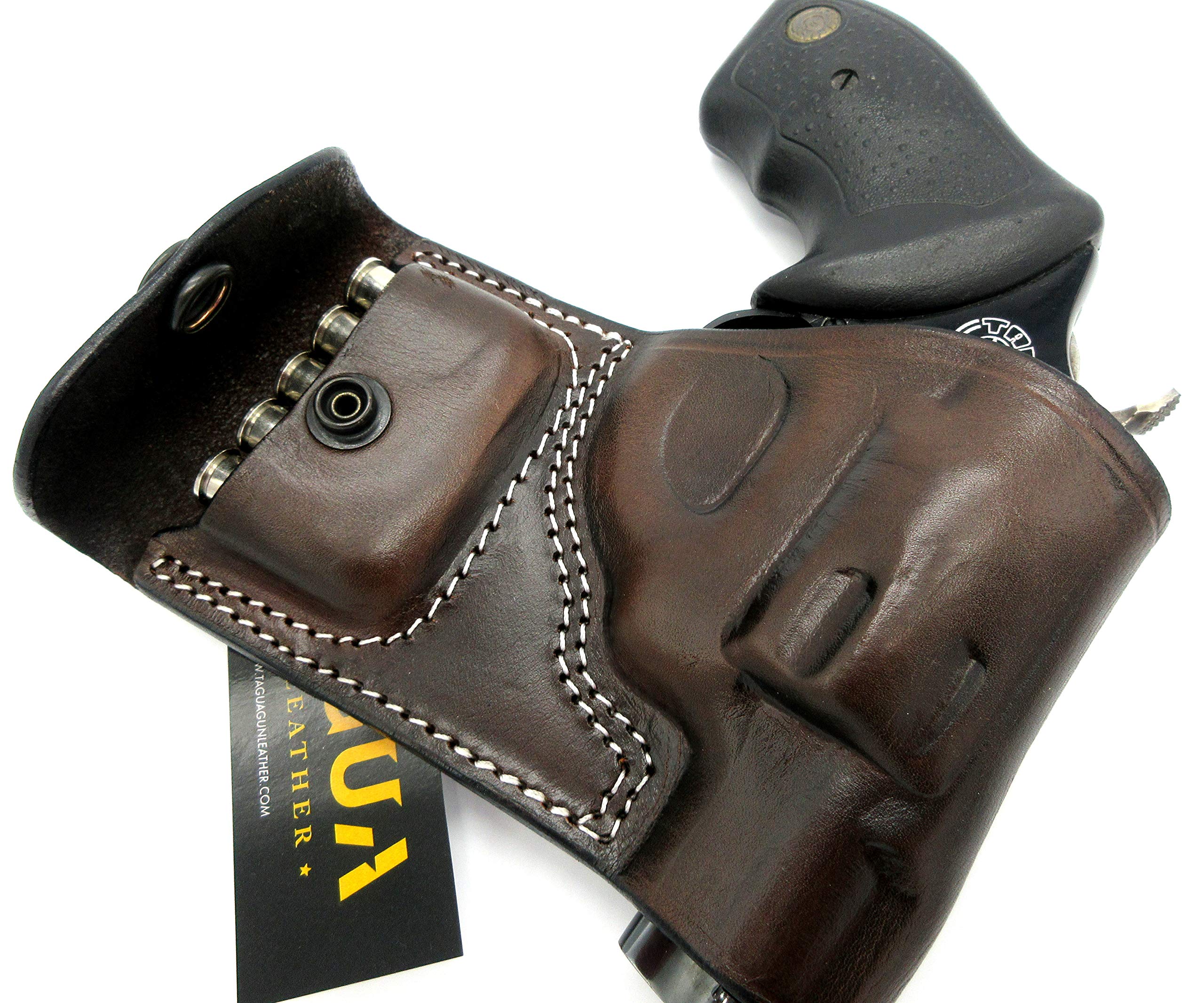by TAGUA Premium Right Hand Belt Slide Holster with Ammo Pouch in Dark Brown Leather for Taurus 85 2" and 3", 905 and CIA 850 2"