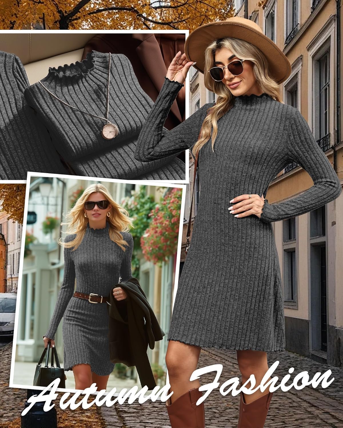 Women's Knit Long Sleeve Sweater Dress Lettuce Trim Mock Neck Tunic Dress Fall Winter Casual Trendy Outfits - Image 4
