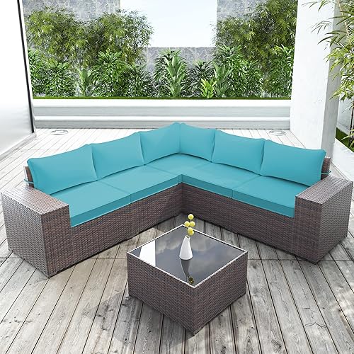 Gotland Outdoor Patio Furniture Sets 6 Piece Patio Sectional Furniture All-Weather Outdoor Patio Sofa PE Wicker Backyard Deck Couch Conversation Chair Set w/Table & 5 Turquoise Blue Thickened Cushions