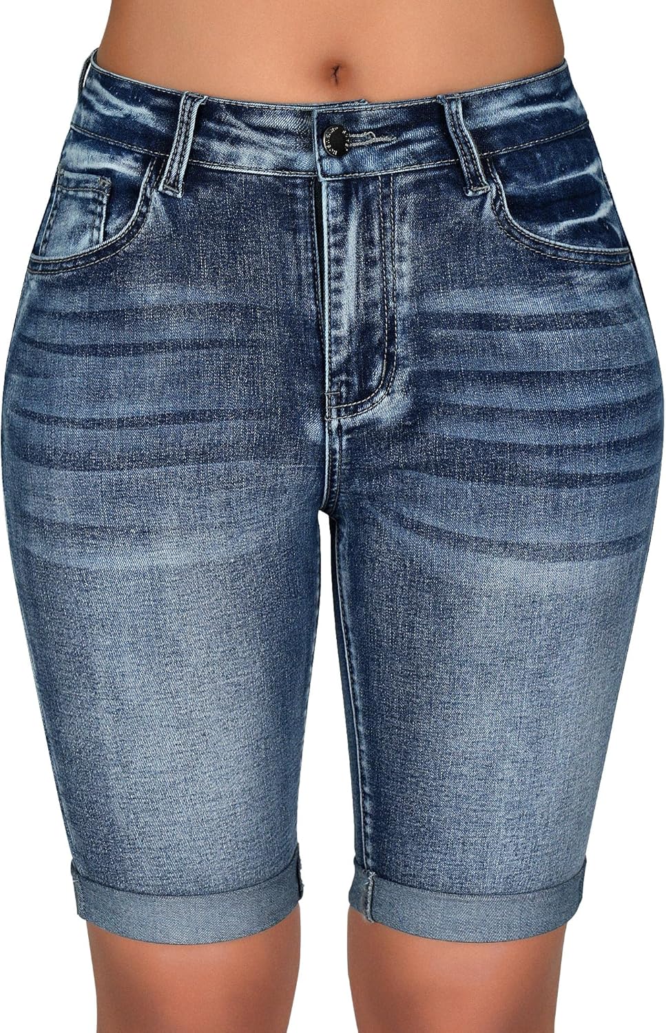 roswear Women’s Mid Rise Bermuda Shorts Stretchy Long Rolled Hem Denim Jean Shorts