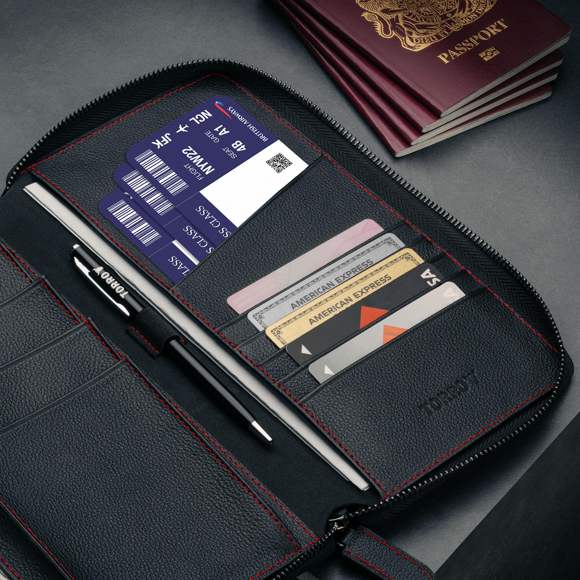 TORRO Portafoglio da Viaggio per Famiglia - Portafoglio da Viaggio per Organizer da Viaggio in Pelle Premium/Porta Passaporto Familiare per 4 Passaporti (Nero)