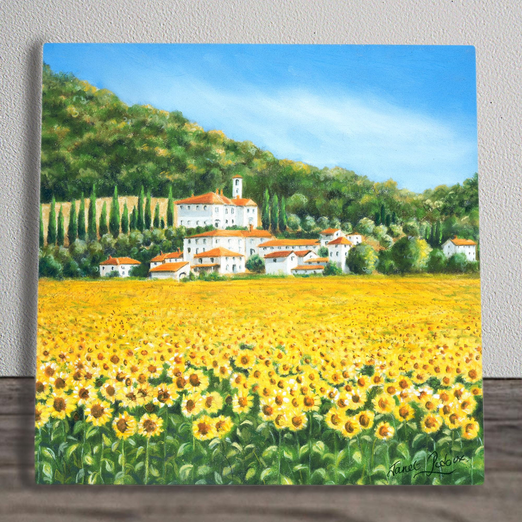Global Designs Sunflowers Ceramic Tile Picture Floral Plaque Floral Italian Villa Wall Art By P Didoux 20x20cm