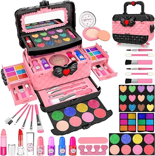 Miniatura 10 de 54 piezas de kit de maquillaje para niñas, princesa de juguete real lavable, set de cosméticos de simulación con espejo, no tóxico y seguro, regalos