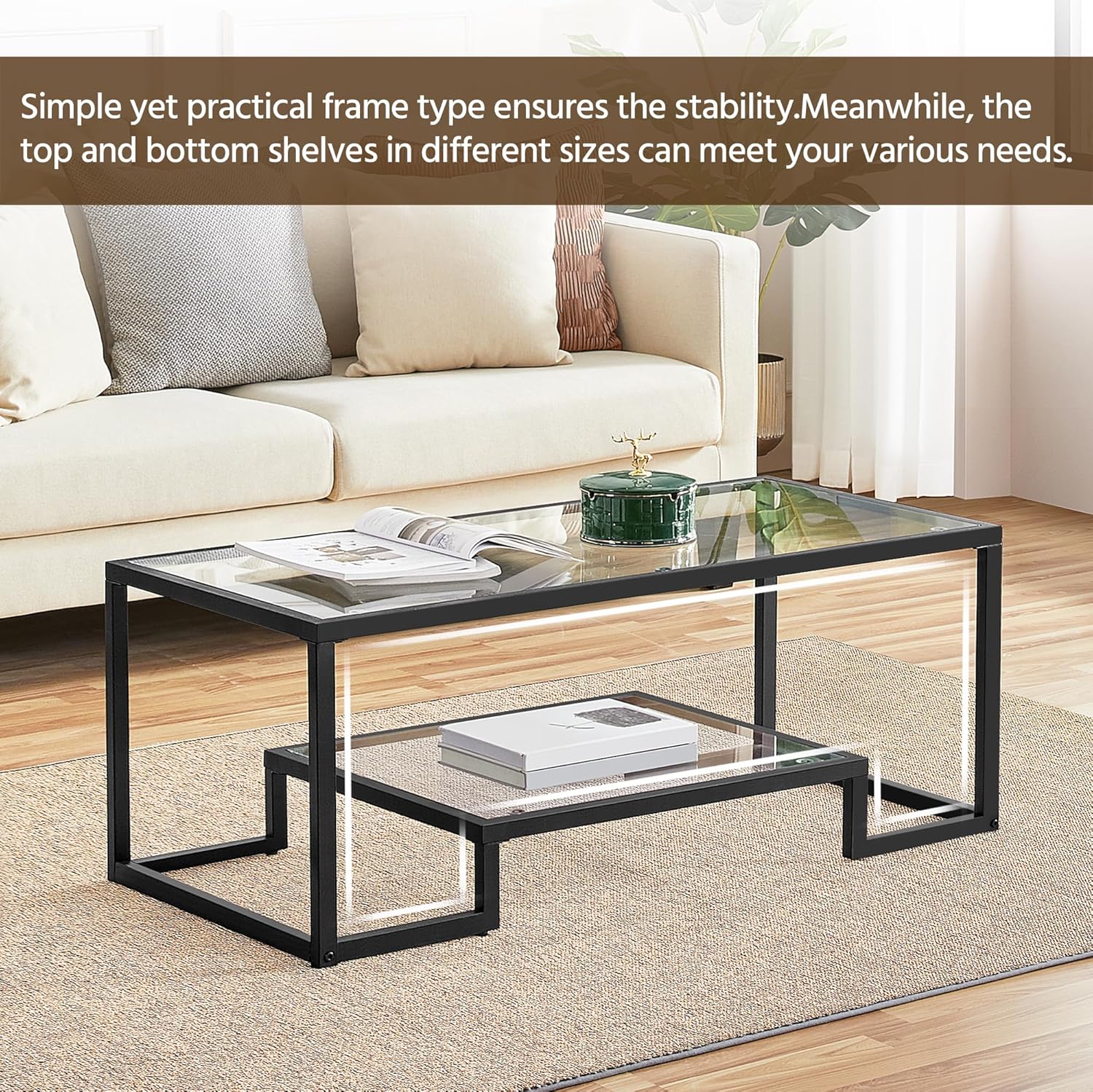 Yaheetech Coffee Table, Tempered Glass Coffee Table, Modern Simple Center Table w/Geometric-Inspired Design & Metal-Frame & Easy Assembly & Open Storage Shelf for Living Room, Office, Black