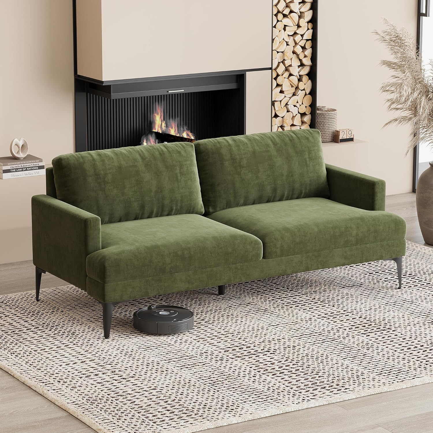 Loveseat Sofa Couch with Adjustable Headrest 75.9" Small Upholstered Couches Ergonomic 3-Seater Tufted Sofa with Removable Cushions & Sturdy Wood Frame for Bedroom, Office or Apartment Green