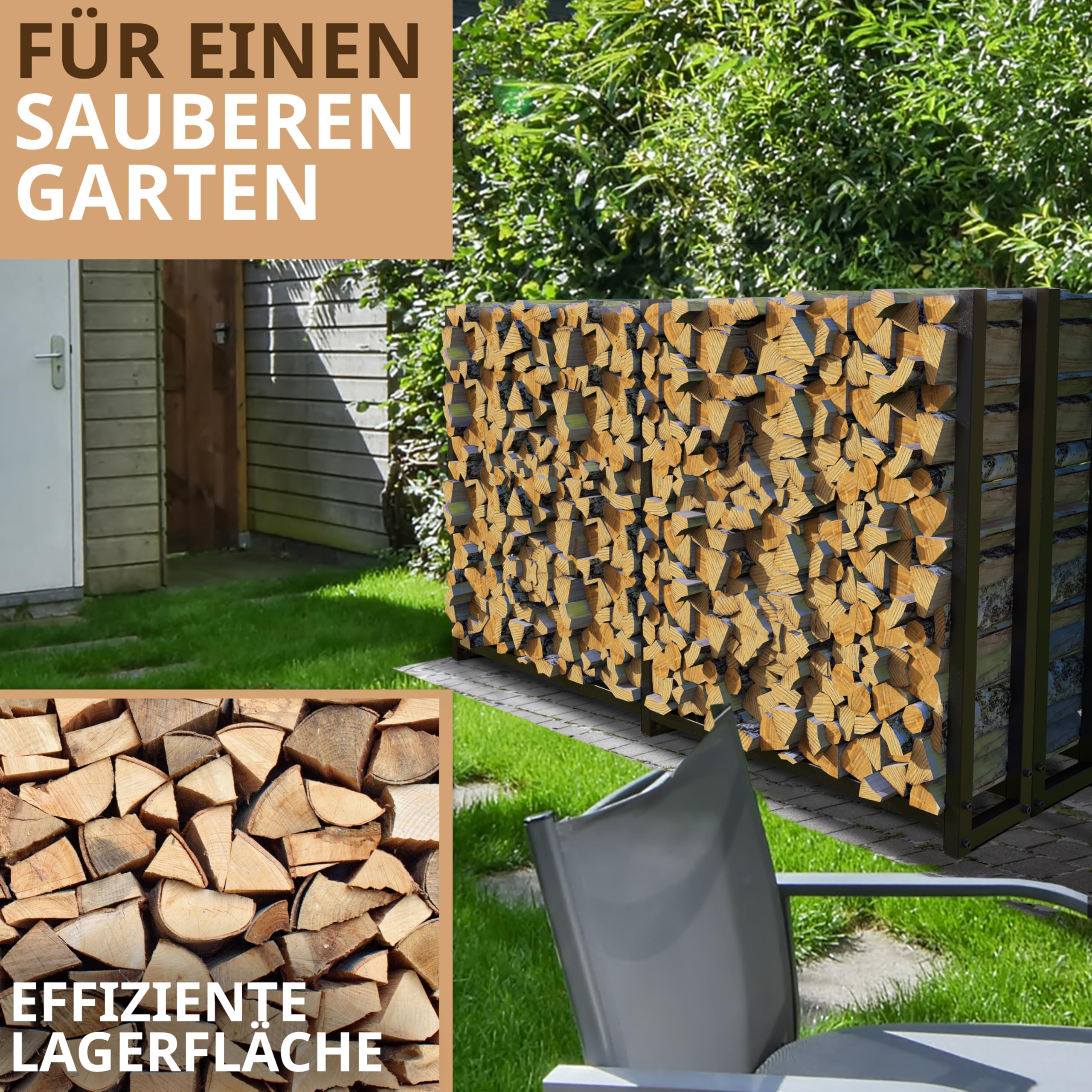Kaminholzregal aussen Metall 2 Stück 223 × 115 x 25cm I = 50cm tief I verzinkt mit 1x 61cm Abdeckplane – Kaminholz Regal Holzunterstand draußen Stapelhilfe für Brennholz Garten I Terrasse schwarz | 223 × 115 × 25 cm, Schutzhülle 61 cm, wetterfest, Aufbewa