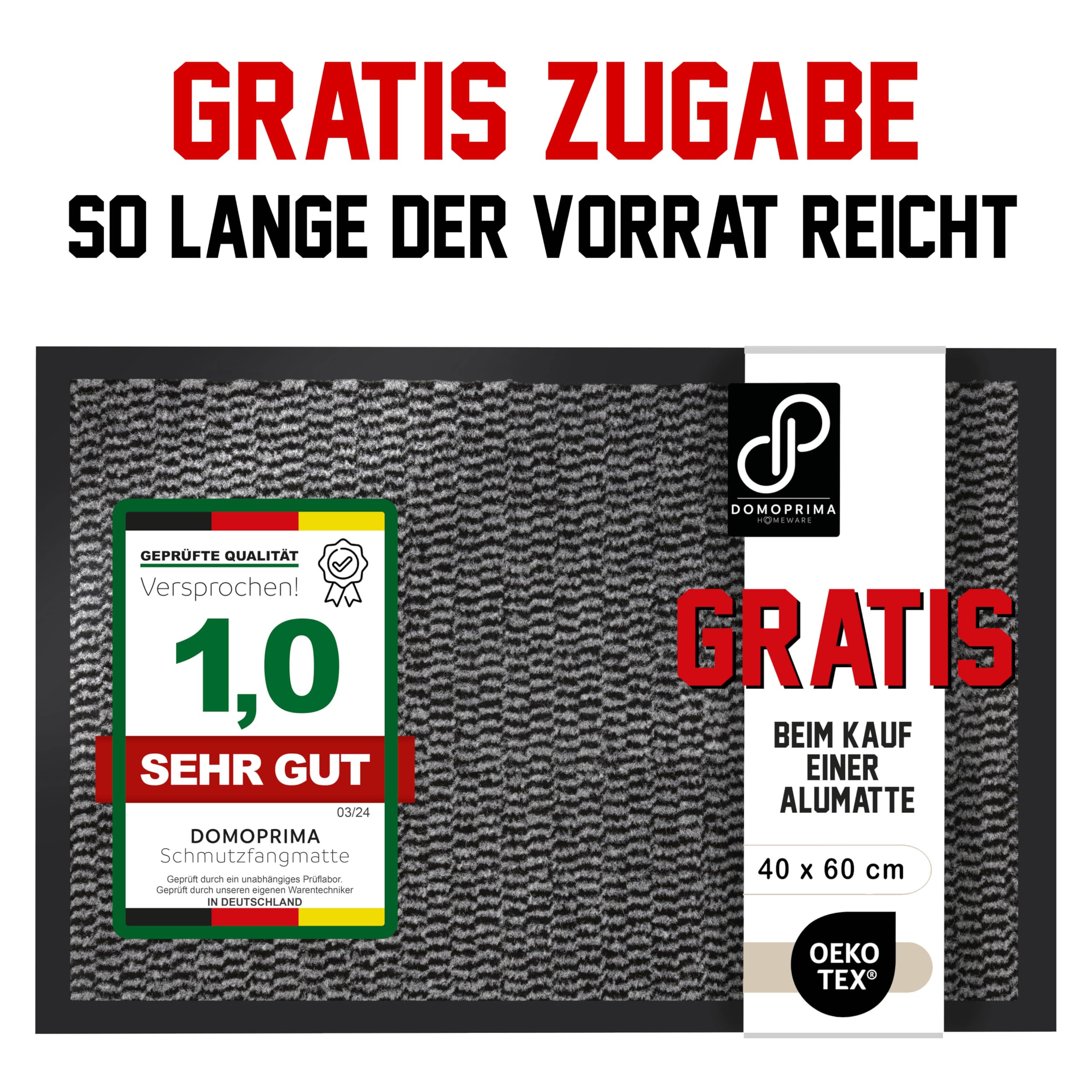 DOMOPRIMA® Premium Alu Fußmatte, grau, 60x40 cm | Gratis Schmutzfangmatte 60x40, Wetterfest, Rostfrei & Rutschfest, Für Eingang, Haustür & Terrasse, Für Innen & Außen
