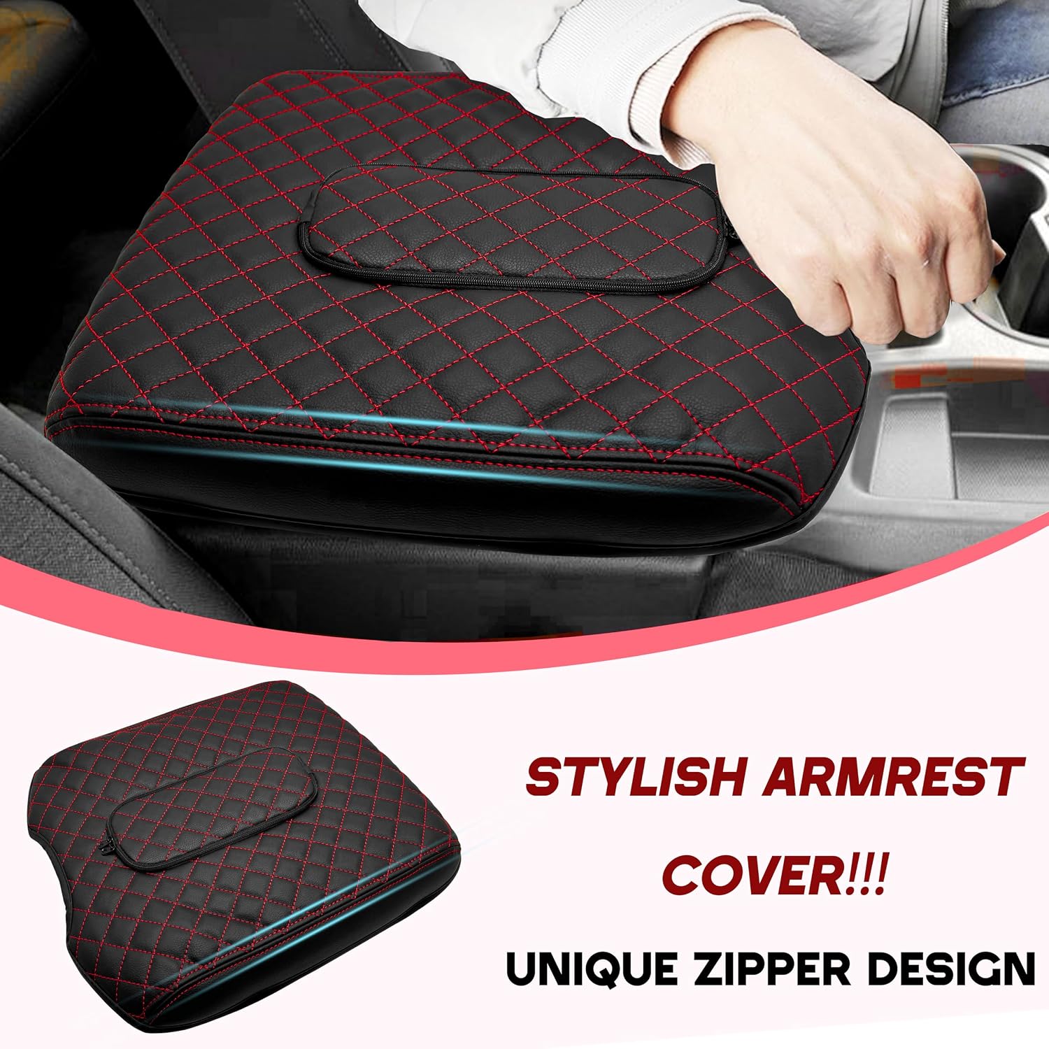 Center Console Cover for Chevy Silverado/GMC Sierra Accessories 2019-2023 2024 2025 2026 Armrest Cover Middle Console Armrest Lid Leather Protector Pad Zipper Only for Jump Seat Console (Red Stitches)