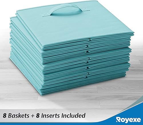 Miniatura 6 de Royexe Juego de 8 cubos de almacenamiento cestas plegables de tela con asas duales. Cubos de almacenamiento Organizador de estantes de armario