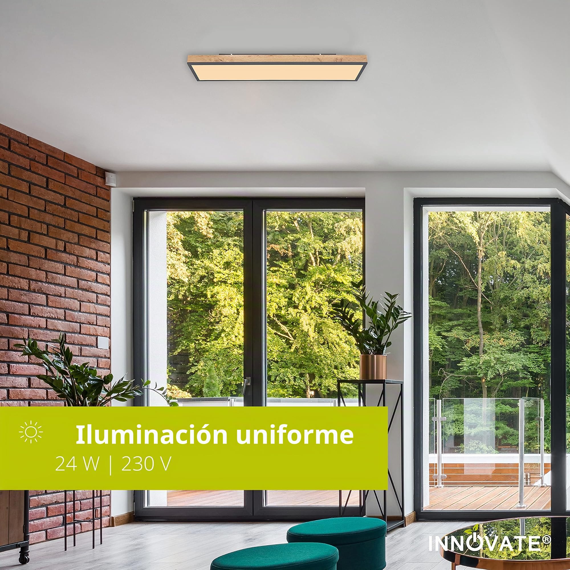 INNOVATE Lampara techo LED apariencia madera [80x20cm - 1500 Lumenes - 3000K blanco calido - 24W] Plafon LED techo Luz para cocina, baño, dormitorio, WC I Aplique baño Foco Plafón (80x20)