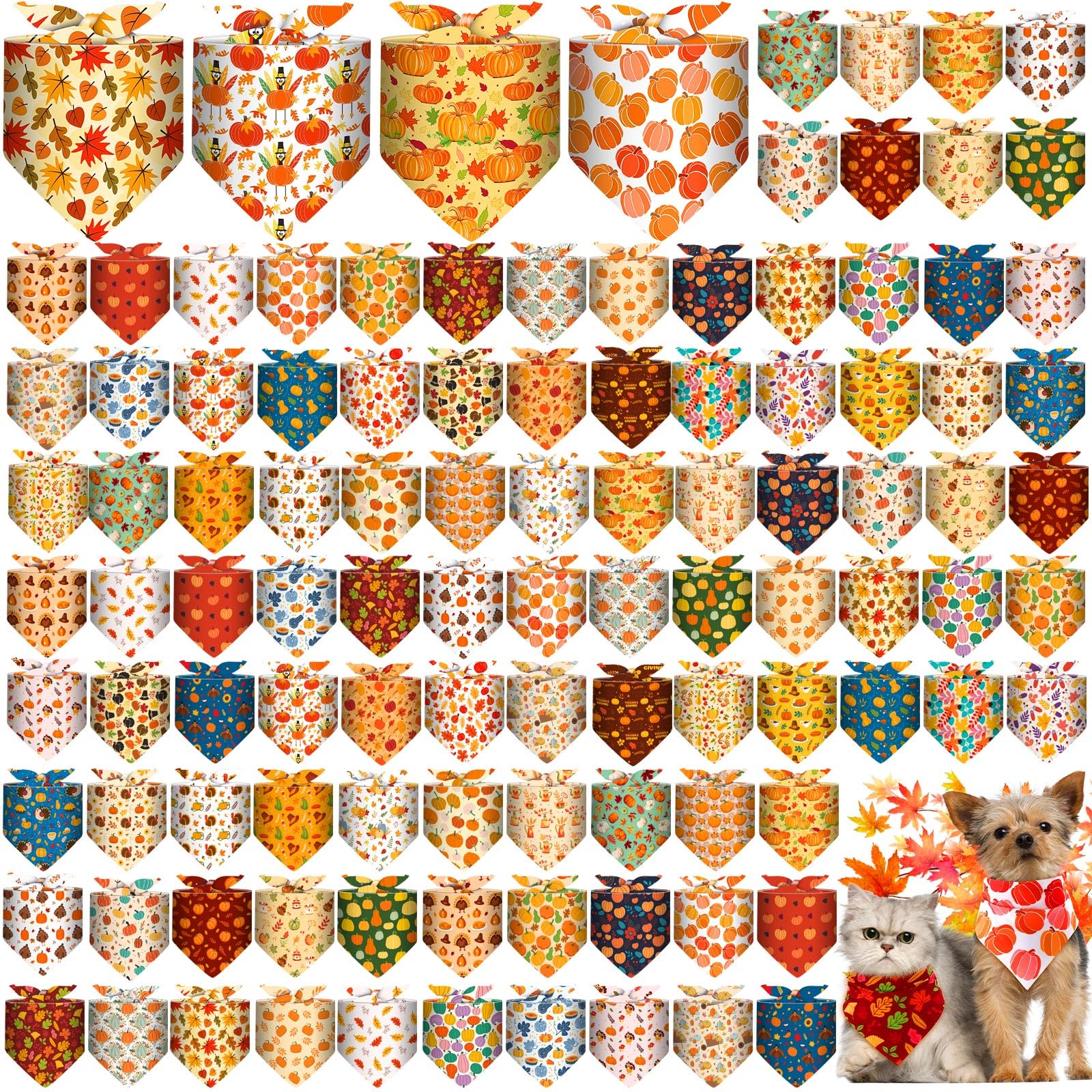 Amylove 120 bandanas de Navidad para perros, a granel, día de Acción de Gracias, día festivo, triangulares, pañuelo para cachorros, bufanda ajustable para mascotas, accesorios de disfraz de gato
