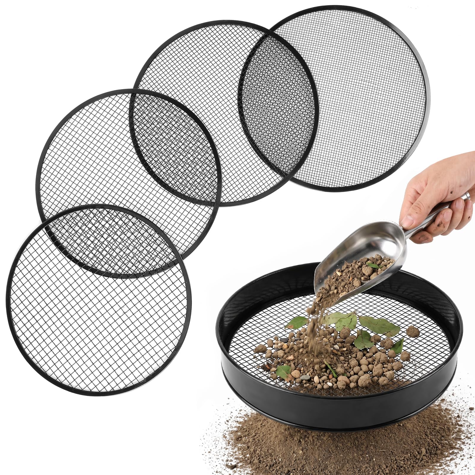 UNIFAMILY Garden Sieve Metal, 12" Garden Sieve for Soil and Stones, Soil Sieve with 4 Interchangeable Filter Mesh Sizes 3,6,9,12mm and Shovel for Gardening