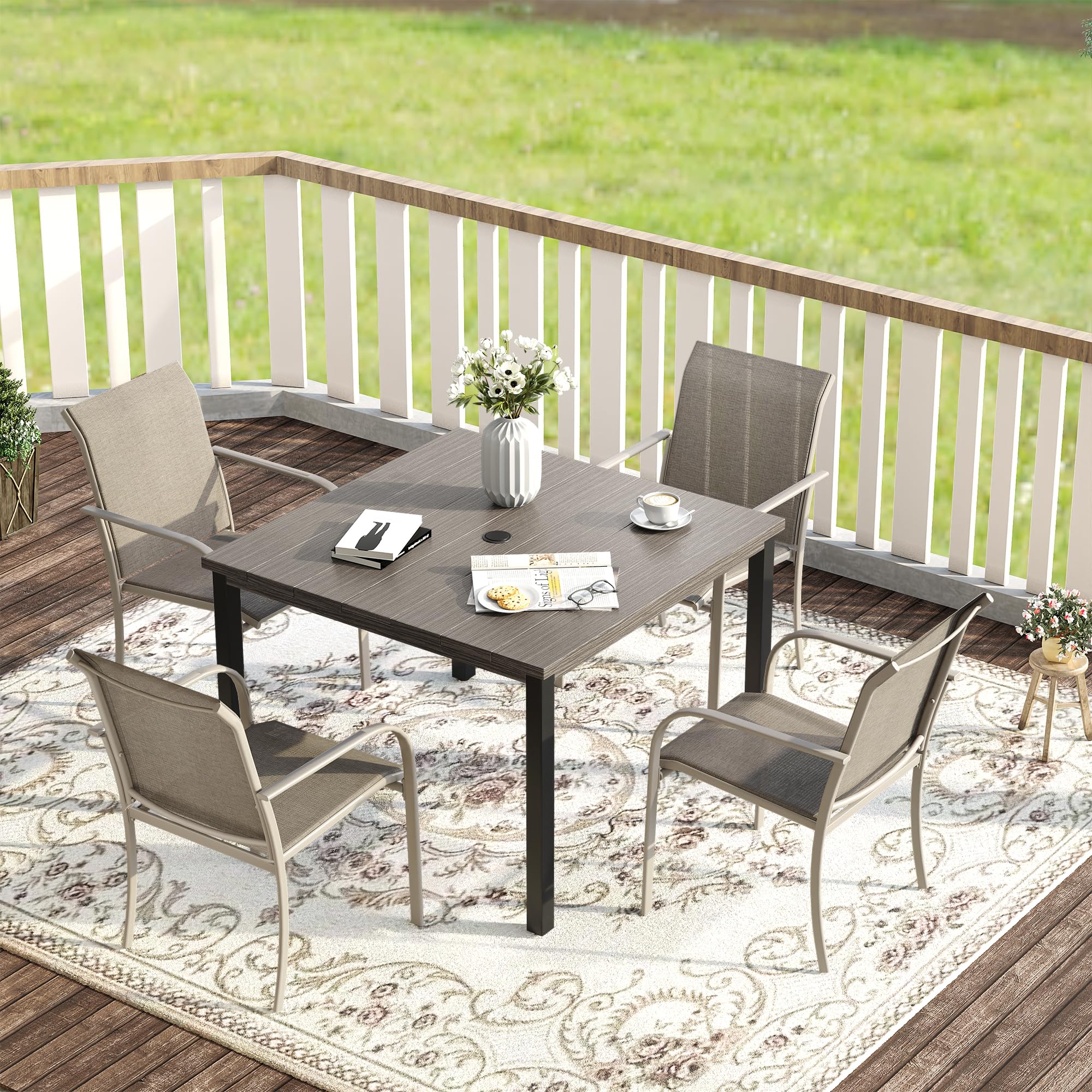 VICLLAX Outdoor Dining Set for 4, 5 Pieces Patio Dining Furniture Set with Umbrella Hole- 40.2" Patio Table and Chairs for Balcony, Garden and Deck, Grey Wood Grain Tabletop