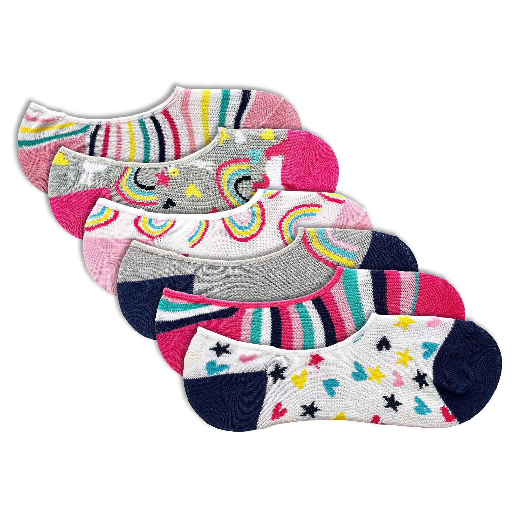 The Essentials Wardrobe Girls Unicorn/Stripes 6 Pack Tew Invisible Socks - Uk 4-5.5/Eu 37-38.5