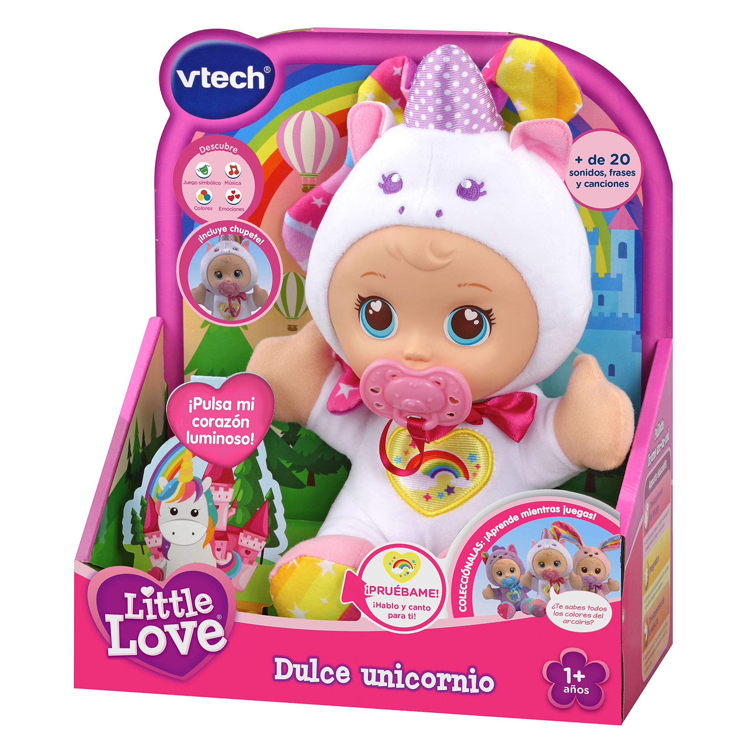 VTech Little Love Dolce Unicorno, Bambola interattiva che parla e insegna i colori, premendo la pancia potrai ascoltare le cure necessarie e imparare sul tuo mondo animale (3480-526322)