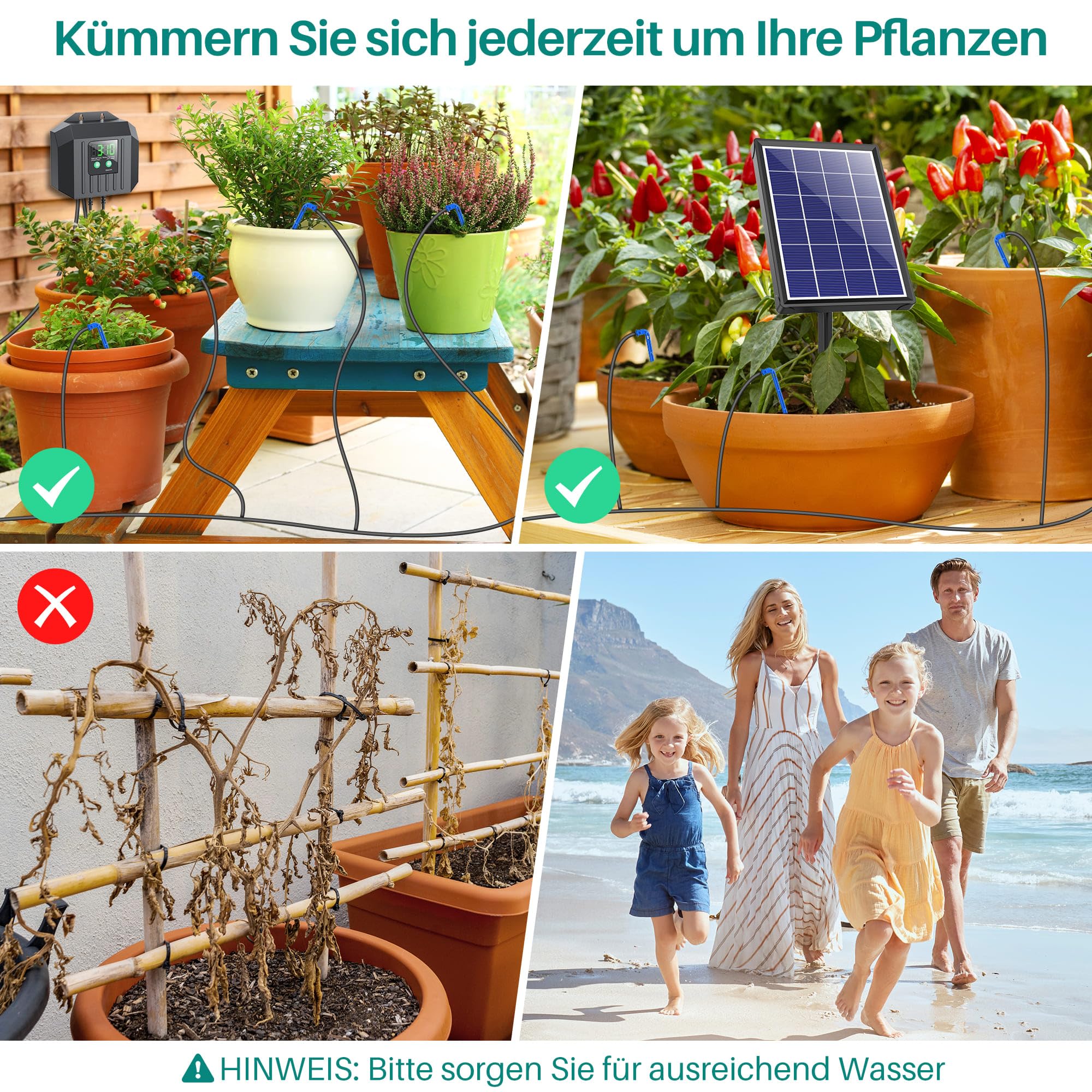 Biling Solar Automatische Bewässerung für Pflanzen im Urlaub, 3,5W 15M Solar Bewässerungssystem mit Timer für Garten Balkon Gewächshaus Blumen Pflanzenbewässerung, Eitersparnis und Umweltbonus