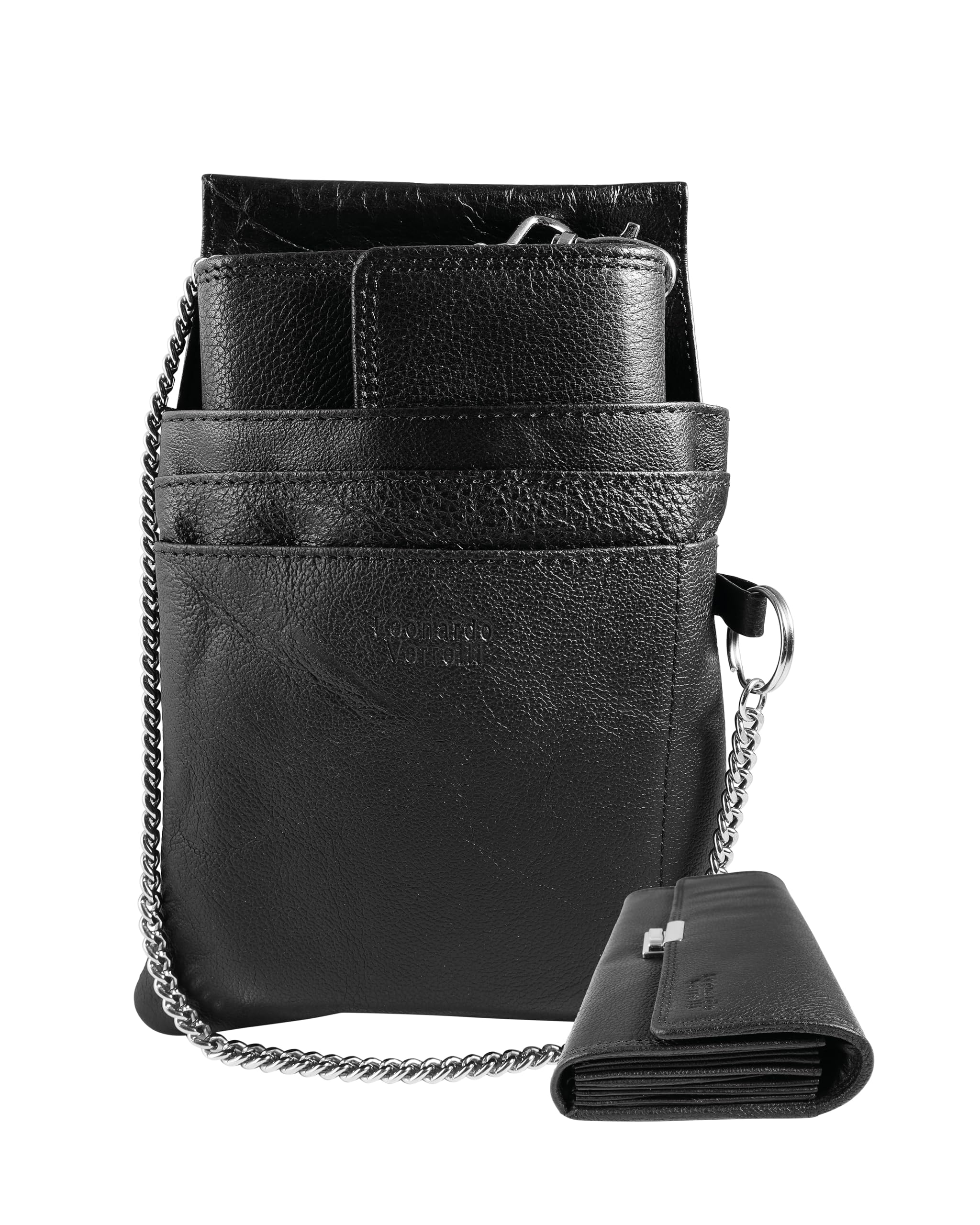 Kellner Geldbörse aus Leder, Kellner Börse, Geldbeutel, Taxi, Service für Damen Herren Portemonnaie mit oder ohne Holster, Steck-Tasche, mit Kette und Münzfach schwarz