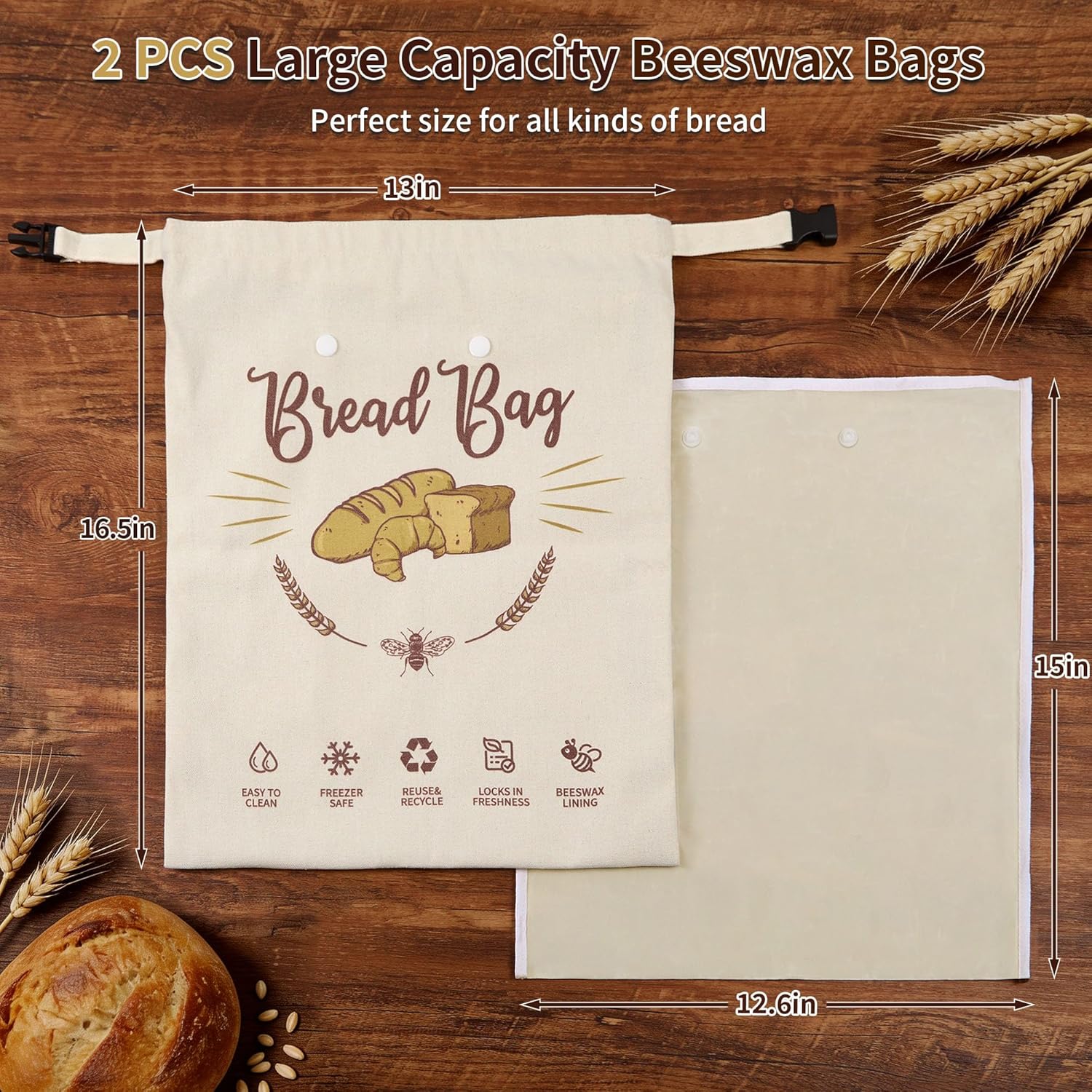 2 Pack Beeswax Bread Bags for Homemade Sourdough with Detachable Liner & Handles, X-Large Reusable Food Storage Bag, Organic Cotton Wrap for Artisan Bread, Eco-Friendly & Washable | Breathable material