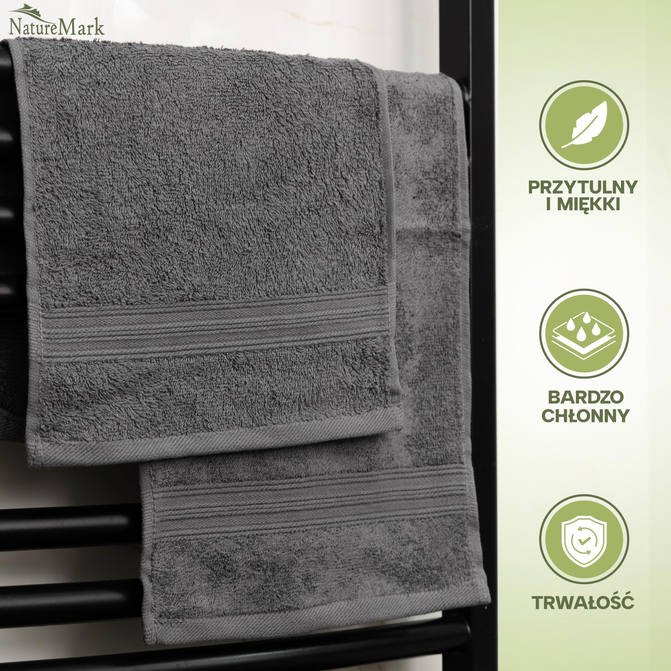 NatureMark Ręczniki gościnne – Zestaw 12 sztuk (30x50 cm), 100% bawełna, certyfikat Oeko-Tex, miękkie, chłonne i łatwe w pielęgnacji – Do łazienki, dla gości i spa – Kolor Antracyt/Szary