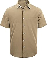 Vista 154 de J.VER Camisas de manga corta de lino y algodón para hombre, estilo informal, ligeras, con botones, para vacaciones, playa y verano, con bolsillo