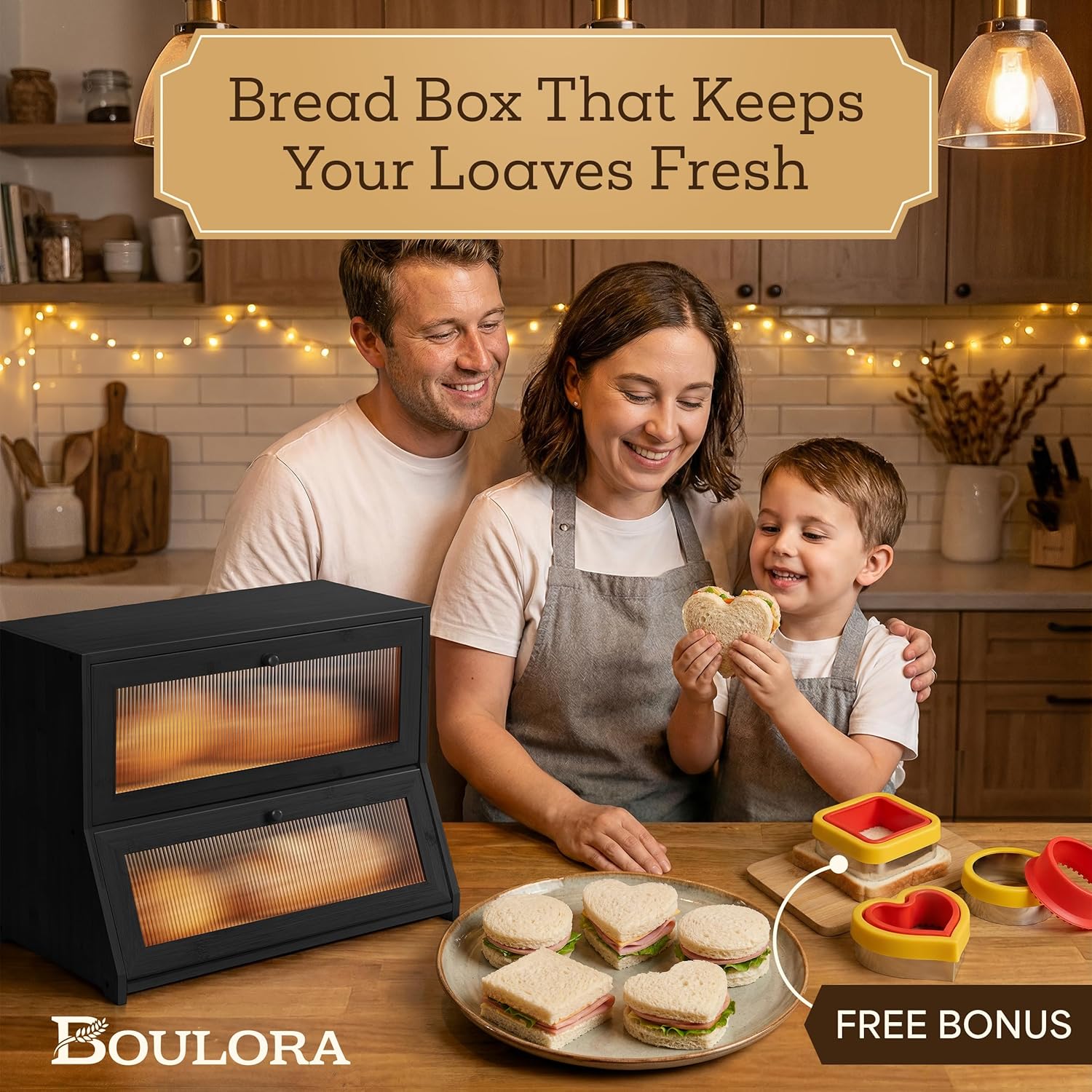 Large Bread Box for Kitchen Countertop - Black Bread Box, Bamboo Breadbox & Wooden Bread Boxes | Vintage Countertop Cabinet | Ventilated Double-Layer, Panoramic Windows, Cutters & Sealers