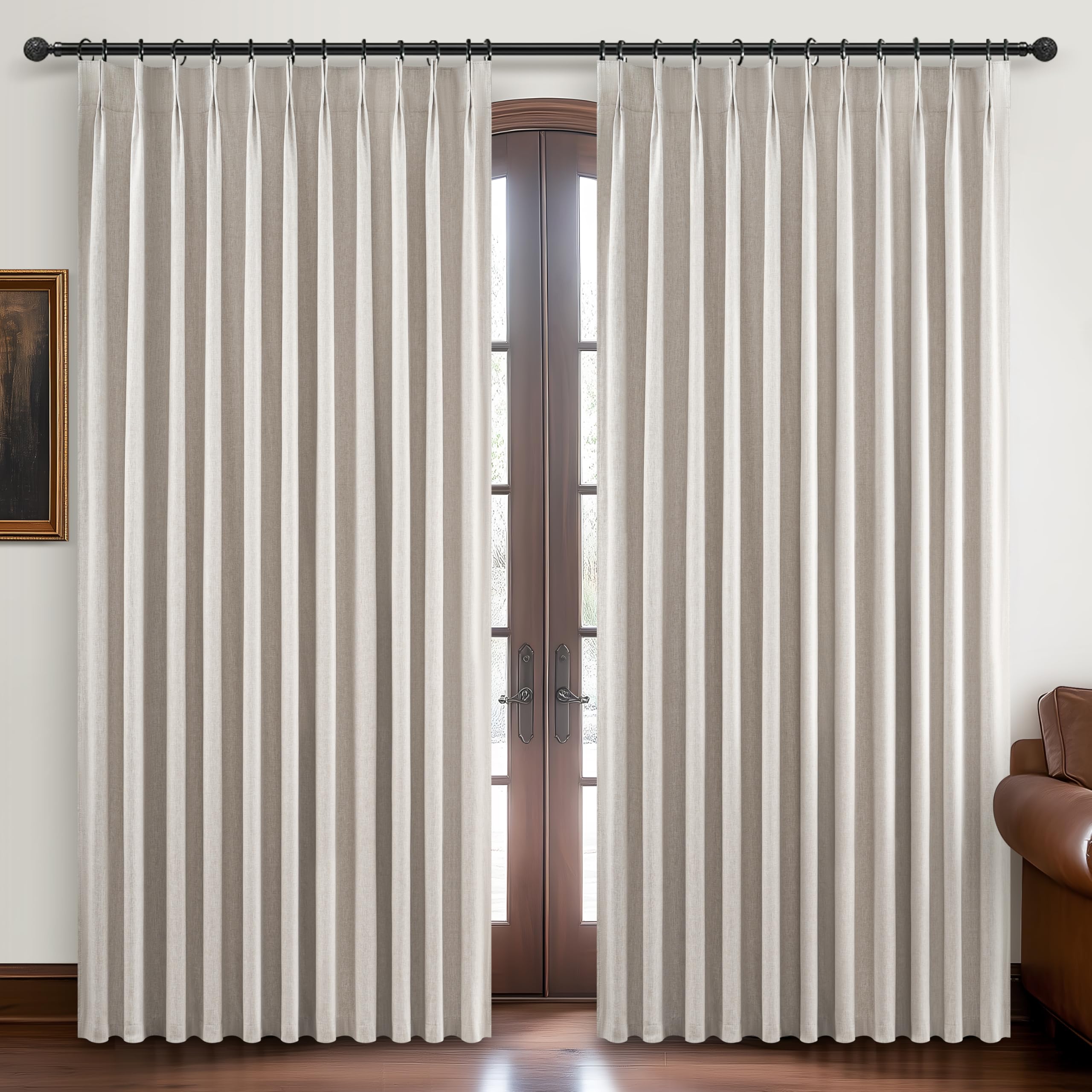 Photo 1 of Curtains 70 Inch Length Wide Pinch Pleated Blackout for Sliding Glass Door, Farmhouse Natural Linen Thick Thermal for Summer Heat/Sound Noise Reducing Heavy Large Window Drapes (70"Wx102"Lx2Panels)
