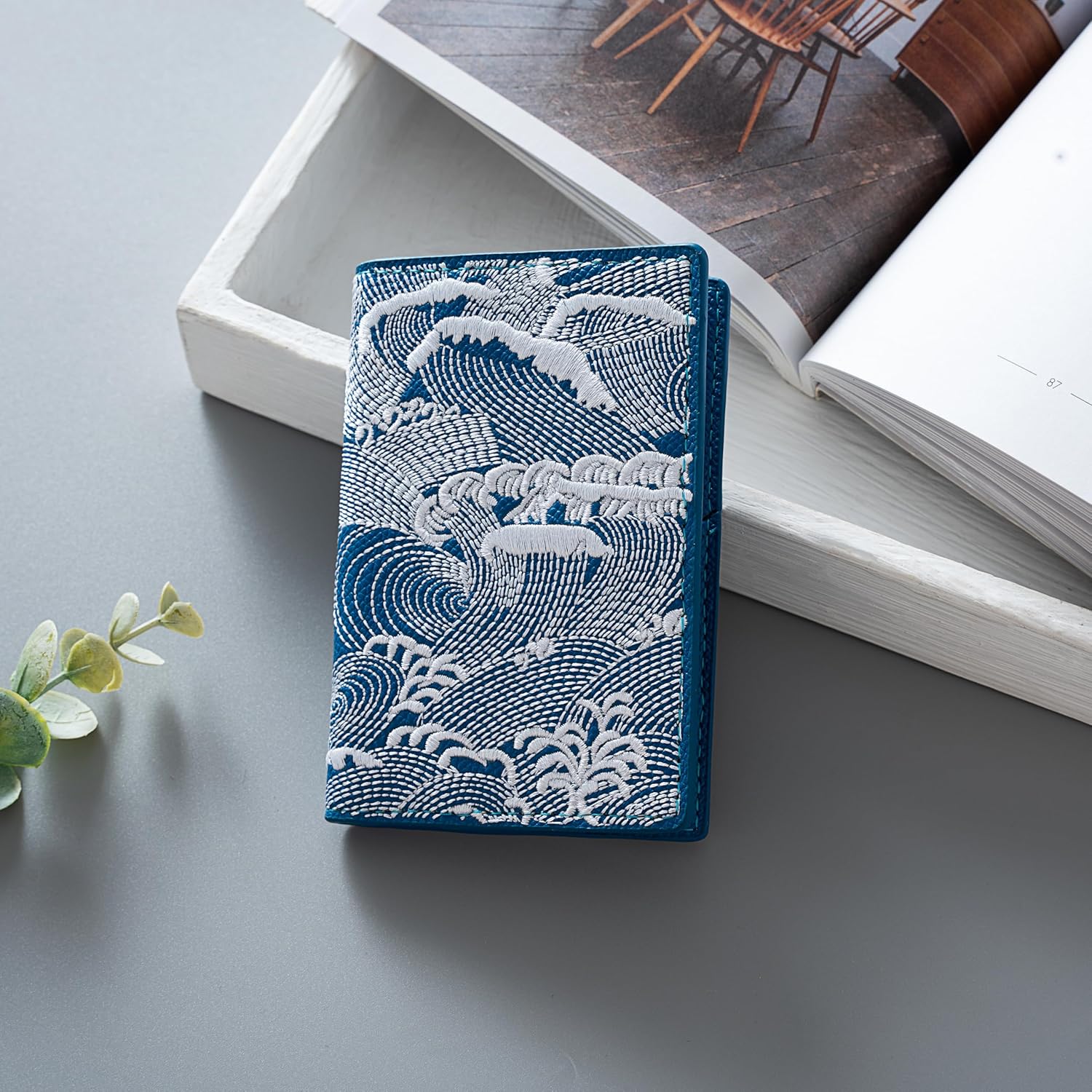 Wavy embroidery Double fold cardholder Leather Wave Pattern Bifold Wallet, RFID Blocking Card Holder, Slim multi - slot Travel Wallet (blue) Handmade Japanese Wave RFID Card Case best gift - Image 4