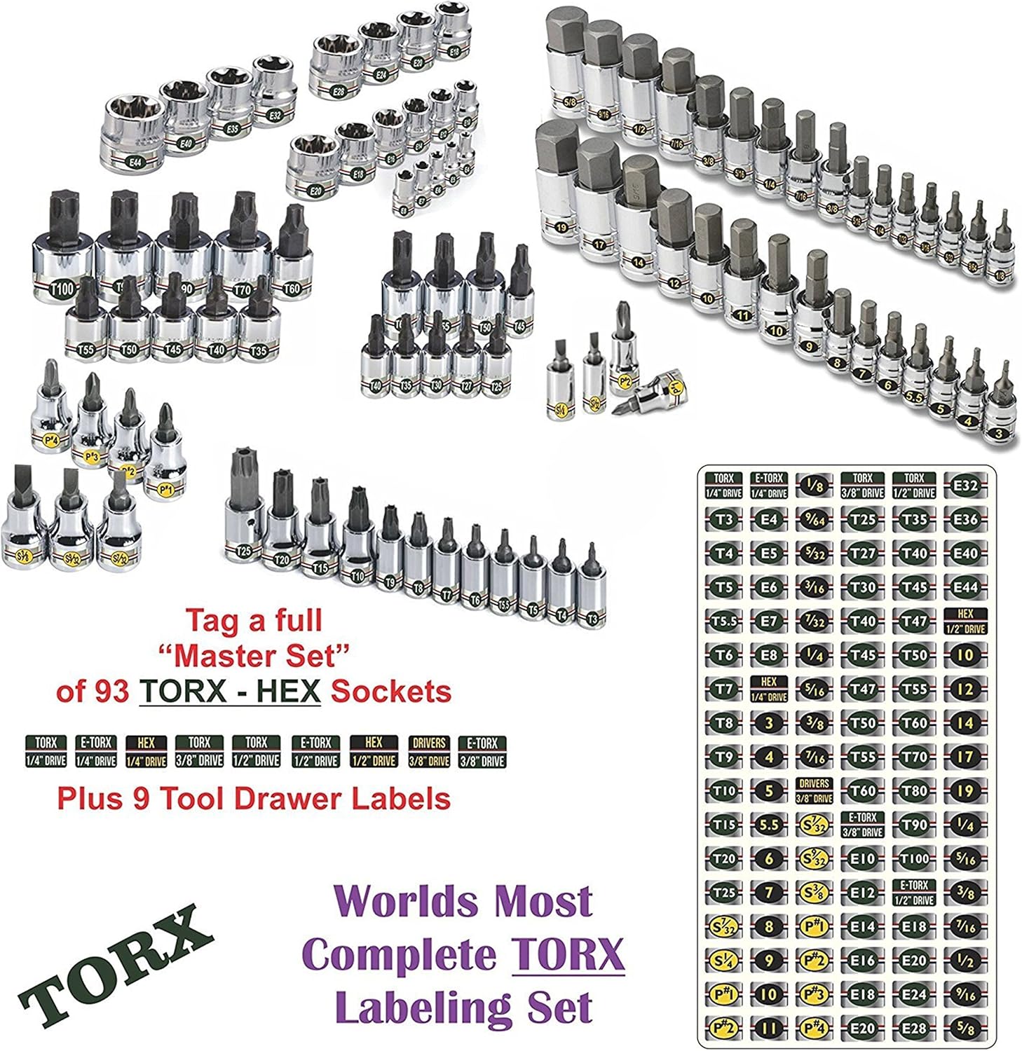 Combo Deal - (Green Edition) Magnetic Toolbox Labels plus our best “Master” Set of Socket Labels (green series) for Metric, Torx & SAE tools, fits all Craftsman, Snap On, Mac Tools and Tool Chest