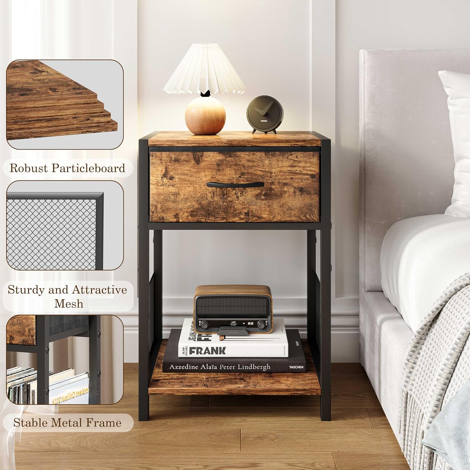 YAUKOMEL Nightstand Set of 2,End Table with Fabric Drawer,Side Table Set of 2,Storage Shelf,Bedside Table with Open Shelf,Sofa Table for Living Room,Bedroom,Small Space Rustic Brown CTG70BR-2