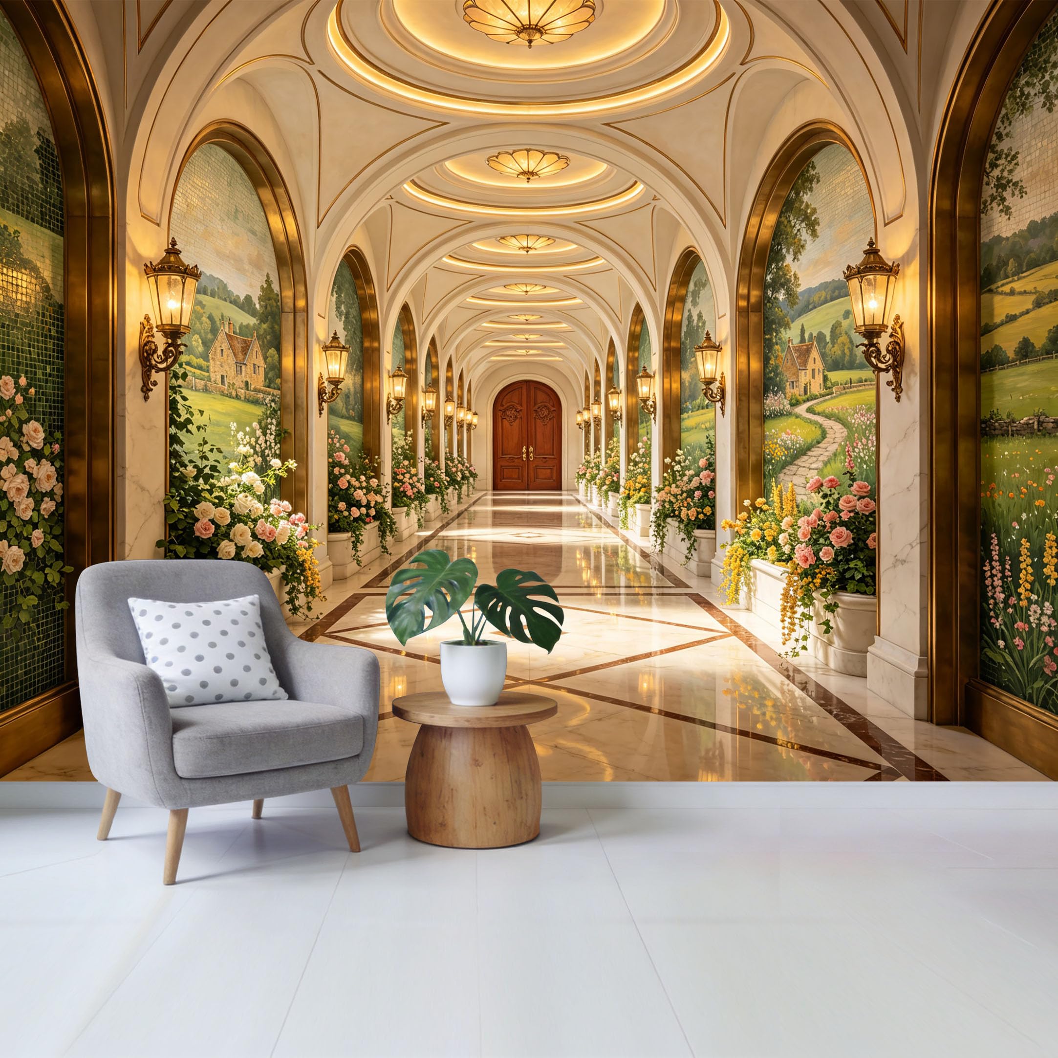 Removable Self Adhesive Fabric Mural， Neoclassical European Palace Hallway Custom Size Wall Covering， UV Protected Waterproof Washable Wall Decor for Living Room Bedroom Bathroom