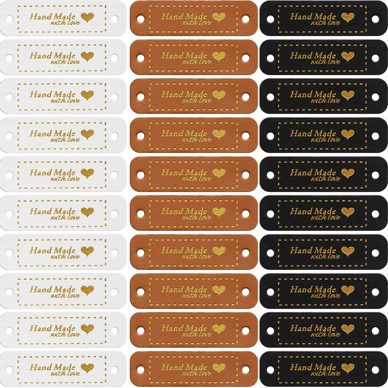 30 Pieces Handmade PU Leather Tags Handmade with Love PU Labels Faux Leather Sew on Labels Embellishment Knit Accessories with Holes for DIY Crafts Sewing Crochet Knitting Hats (Brown, Black, White)
