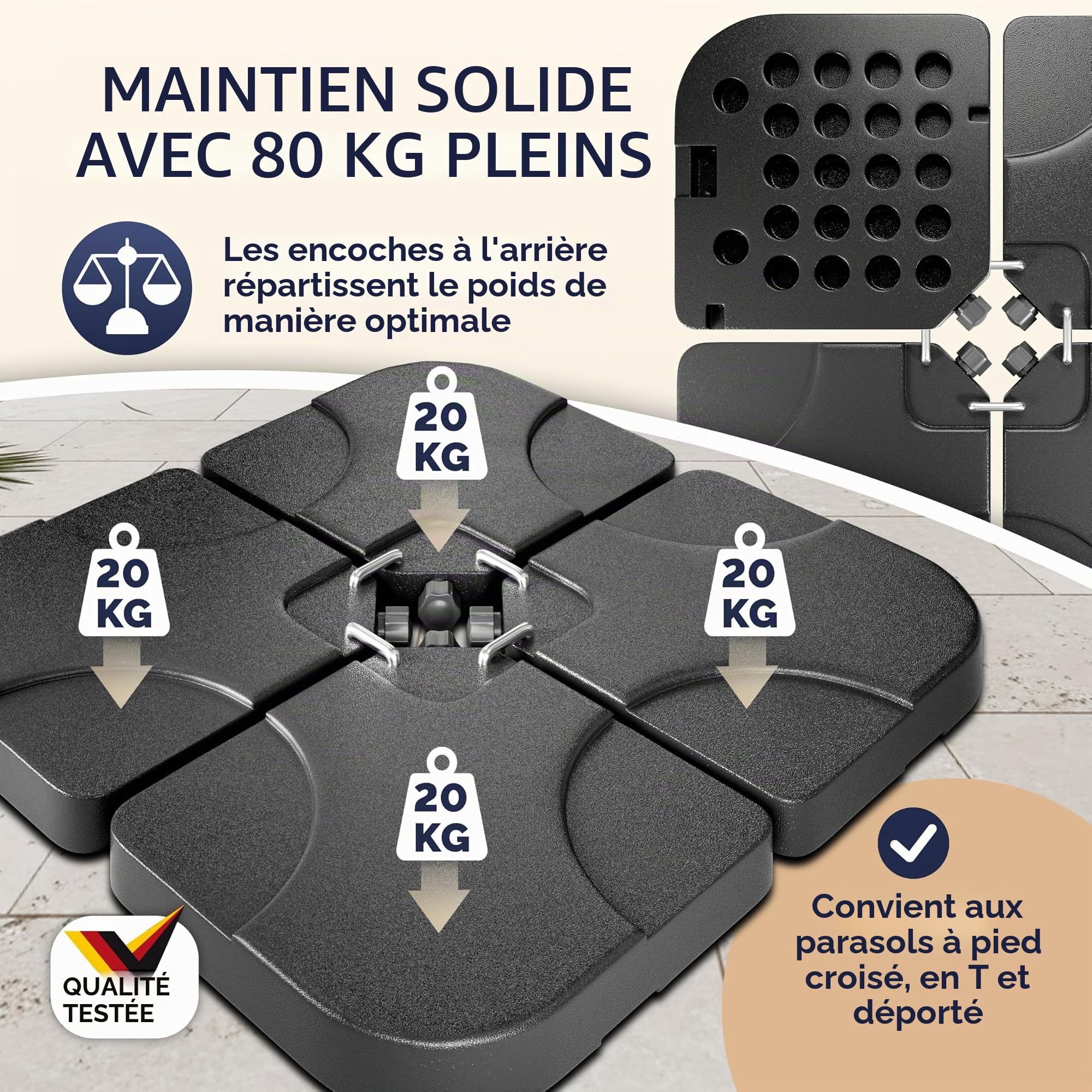 CASARIA® Set de 4 Dalles de Lestage en HDPE pour Parasol