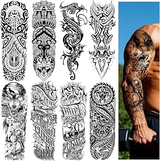 8 Sheets Black Military Full Arm Temporary Tattoos Men Adults, Temp Scary Totem Tattoos Sleeve Women, Waterproof Body Arm Chest Shoulder Tortoise Dragon Fake Tattoo BBQ Pool Beach Party