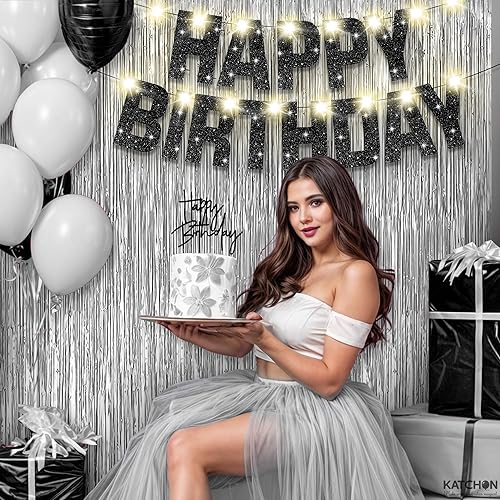 Miniatura 4 de KatchOn, Juego de decoraciones de cumpleaños negras y plateadas, paquete de 5, pancarta de feliz cumpleaños con purpurina, fondo plateado, luz LED