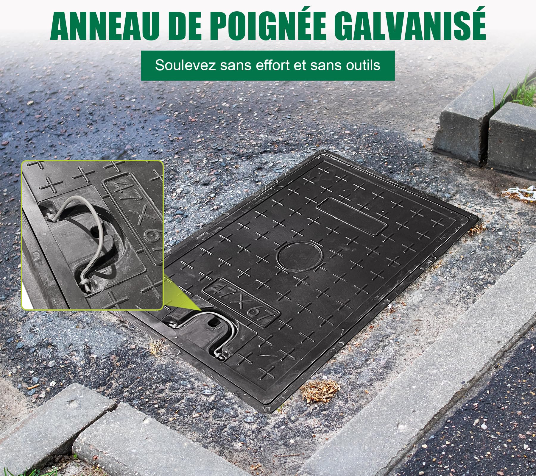 600x400 mm Couvercle de regard en fibre de verre PRV sans cadre, A15 plaque d'égout en FRP rectangulaire avec poignée, Pour l'allée, le jardin, le cour, le trottoir