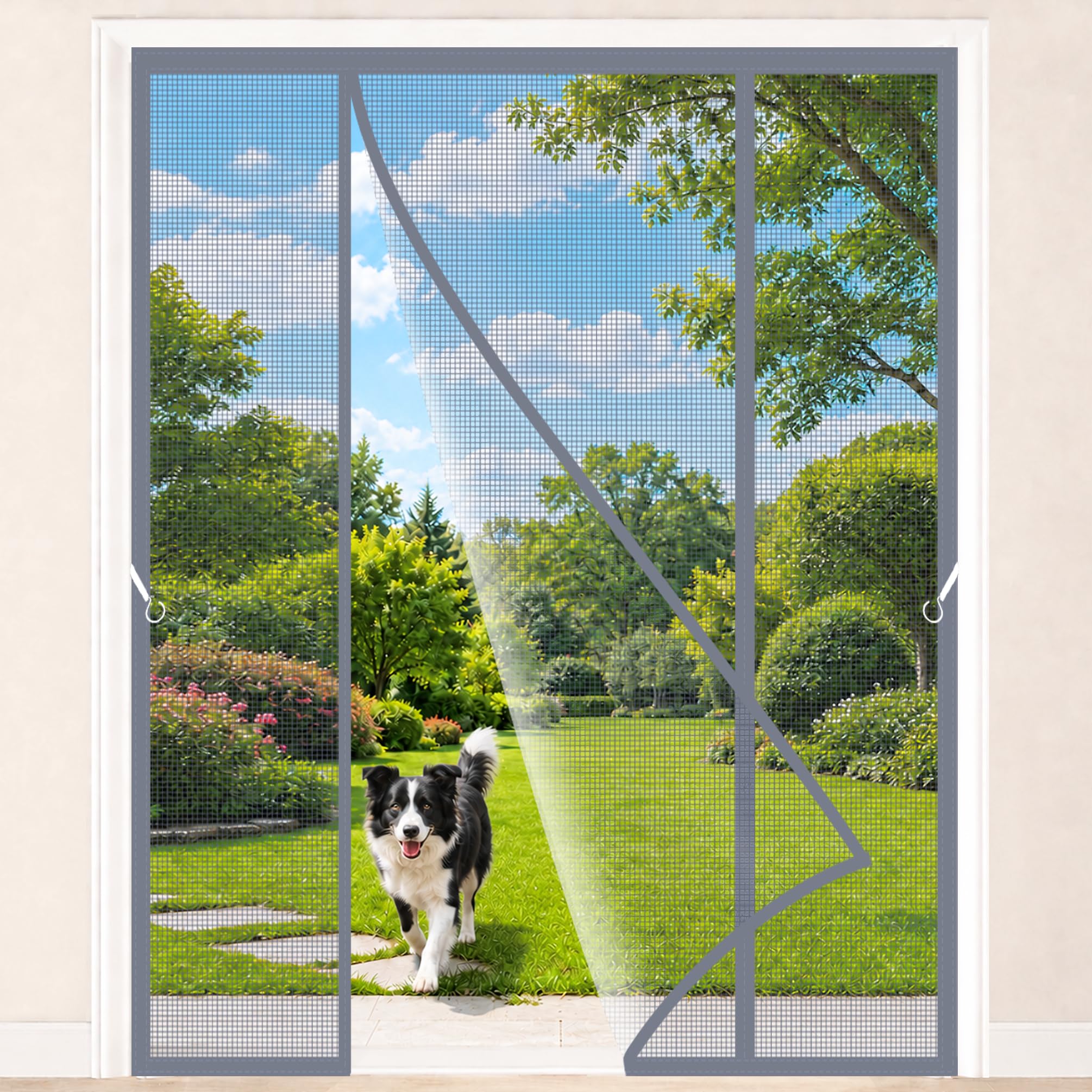 French Door Fly Screen Magnetic Side Opening Grey 180x290cm Double Door Fly Screen Curtain Anti Dust with Powerful Magnets for Classic Properties with Large External Double Doors