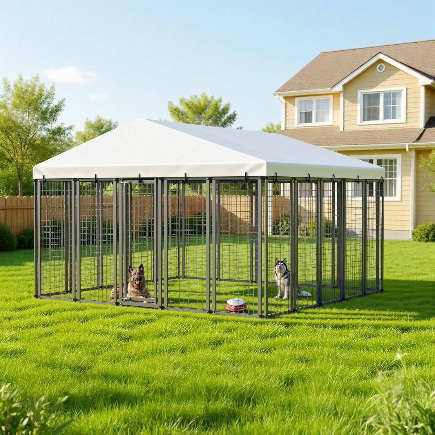 10'x10' Dog Kennel Outdoor, Heavy Duty Dog Pens Outside with Waterproof Roof, Metal Dog Run Fence with Galvanized Welded Wire Steel for Puppy Playpen