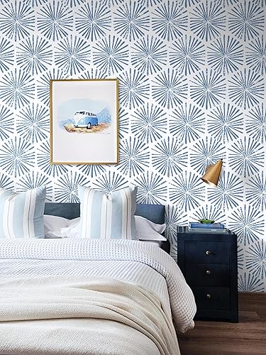 Miniatura 3 de Guvana Papel tapiz autoadhesivo de 17.3 x 118 pulgadas, papel tapiz geométrico azul y blanco, papel de contacto geométrico para baño, dormitorio,