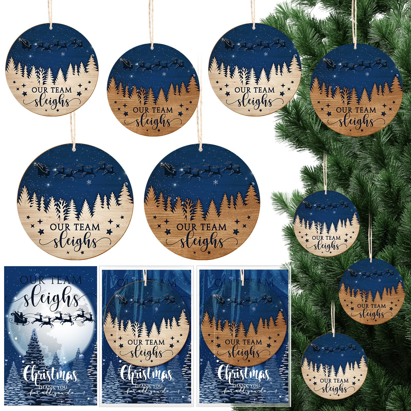 Threehoney 12 Pcs Our Team Sleighs Christmas Ornament Bulk Best Team Ever Gifts Employee Appreciation Rustic Wooden Hanging Ornament for Xmas Tree Thank You Card for Coworker Staff Teamwork Member