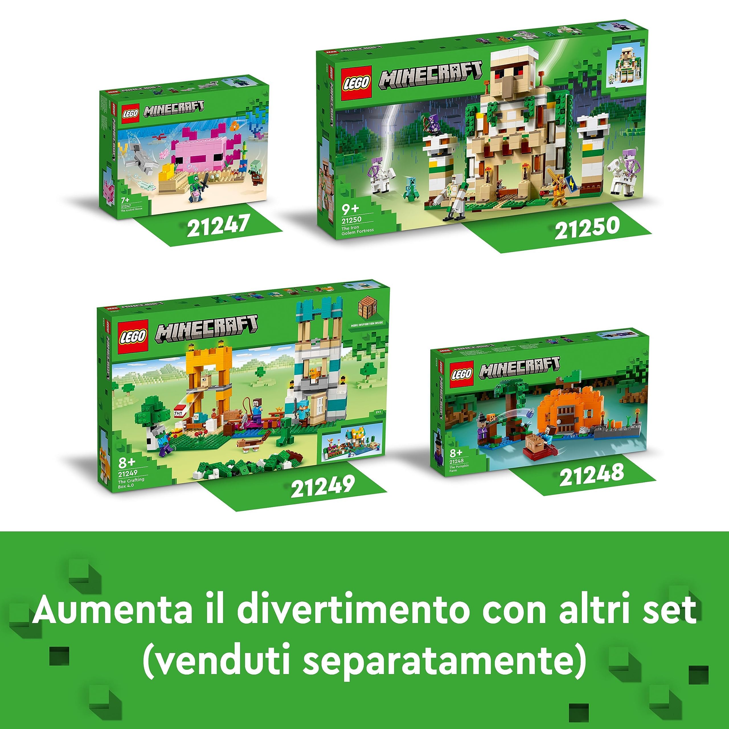 LEGO Minecraft La Fortezza del Golem di Ferro, Castello Giocattolo che si Trasforma in Action Figure con 7 Personaggi tra cui Cavaliere di Cristallo, Cavalieri Scheletrici e Creeper Caricato 21250