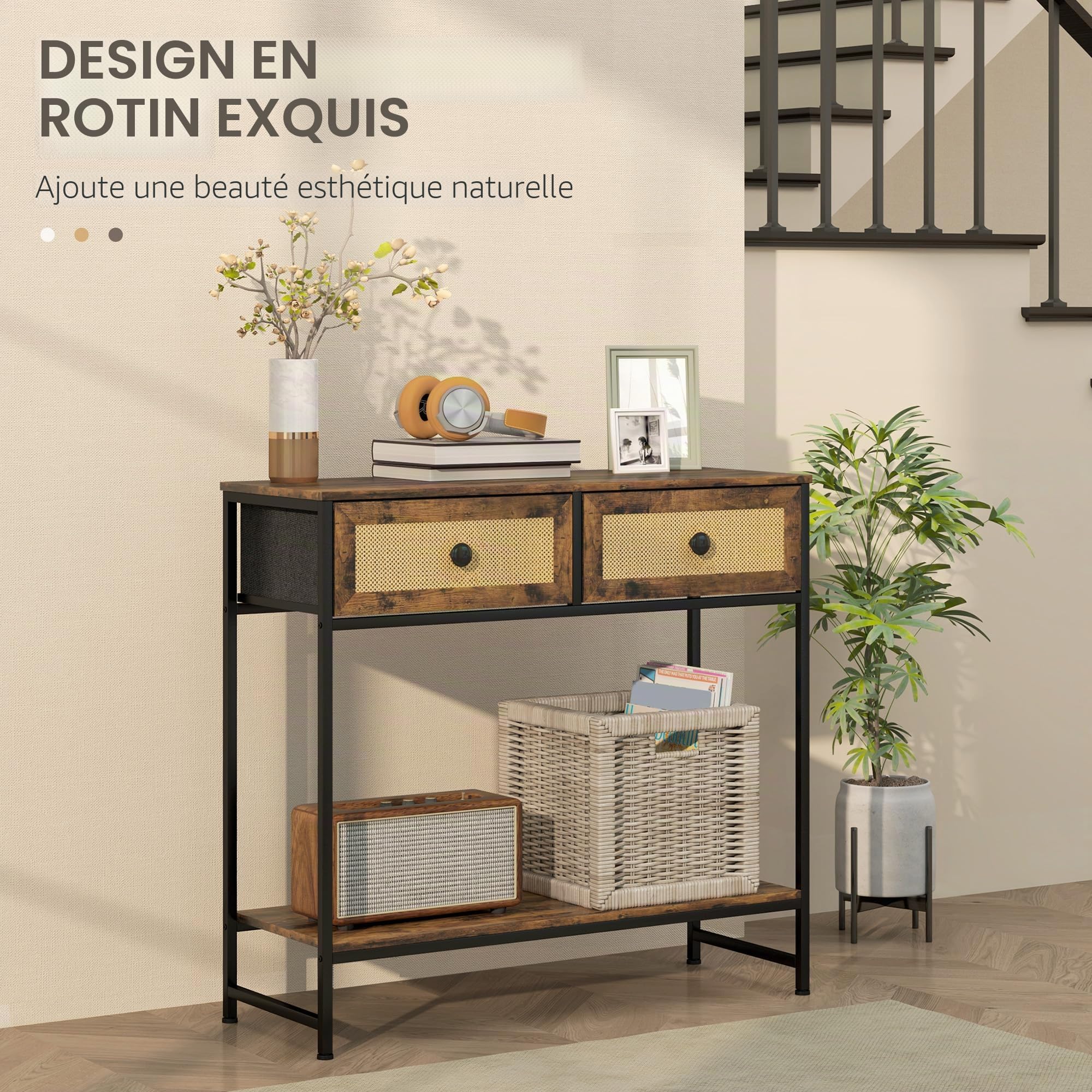 HOMCOM Table Console d'entrée 2 tiroirs 80x30x75 cm Brun Rustique