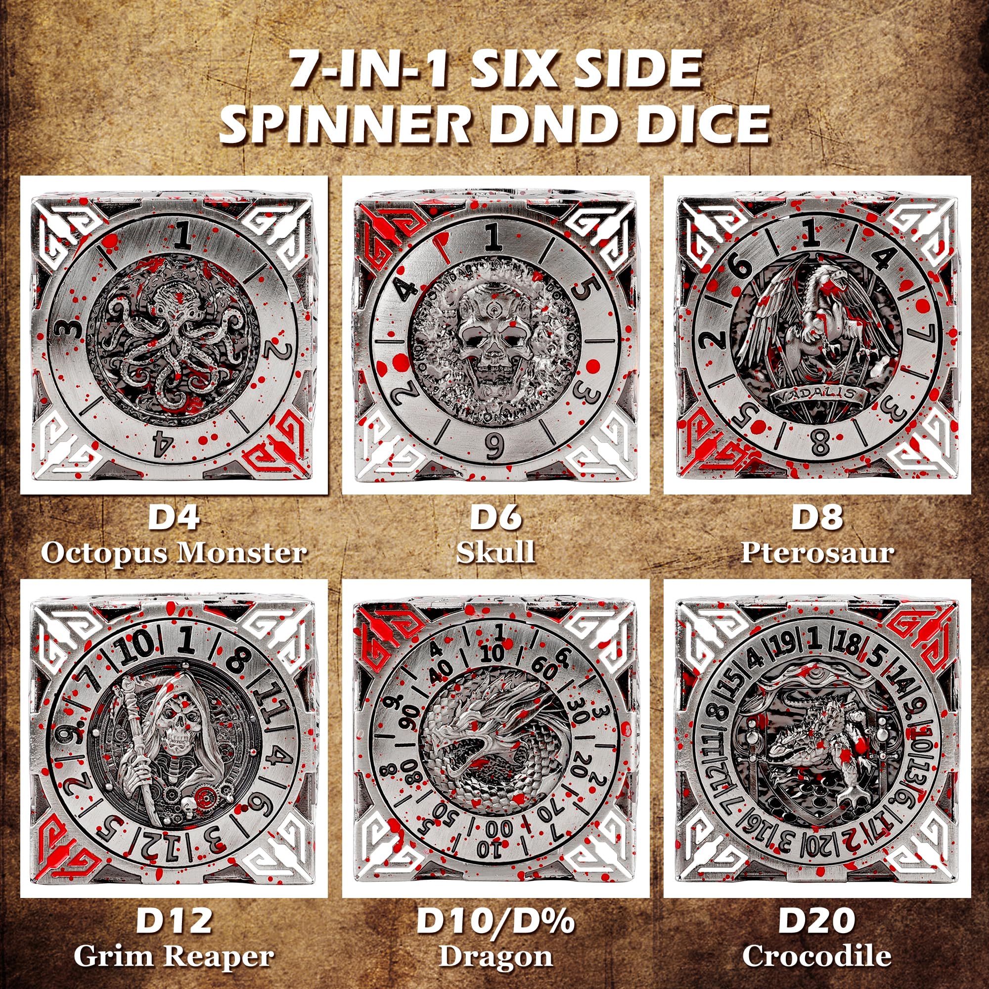 Dés rotatifs DND en métal pour D&D, Donjons et Dragons, dés de roulette pour jeux de table RPG MTG (argenté)