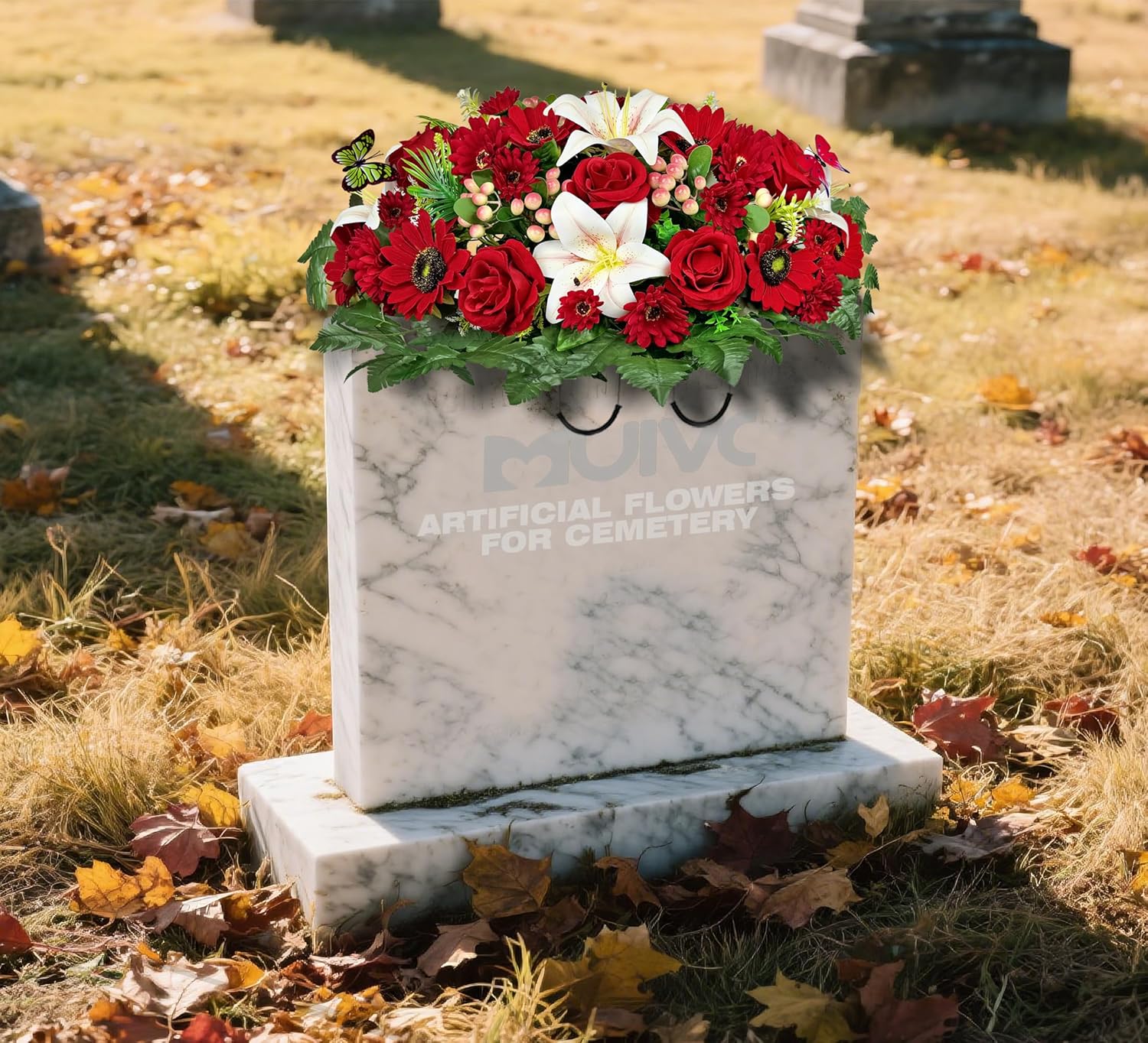 MUVIC Verlasting Cemetery Flowers - Artificial Grave Decor Headstone Flower Saddle, All-Weather Memorial Saddle with Butterflies for Headstone-Rose, Lily, Berry, Gerbera