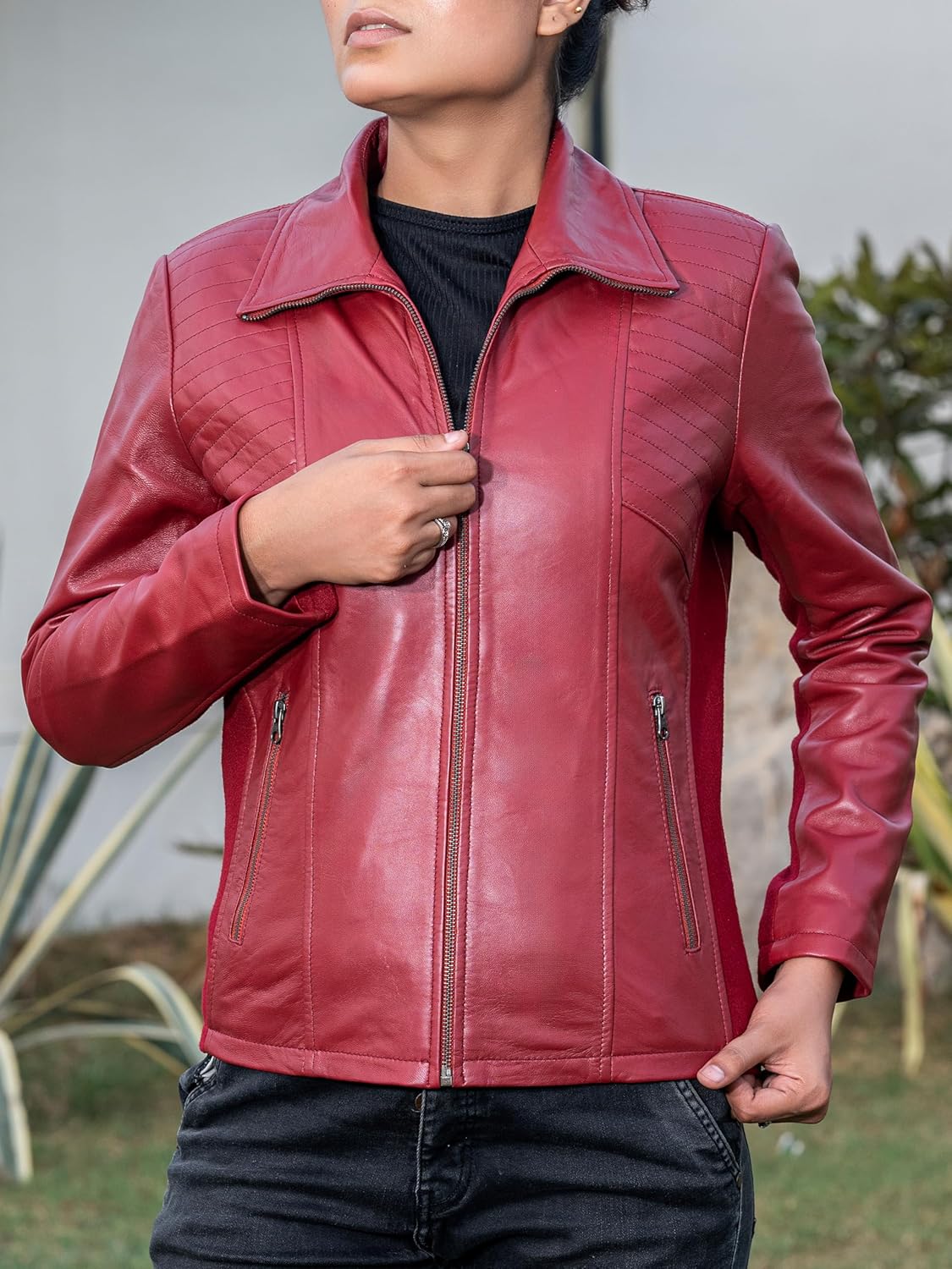 Jild Casual Fashion Womens Leather Jacket - Elastic Rib Turn Down Collar Leather Jacket Women - Image 2